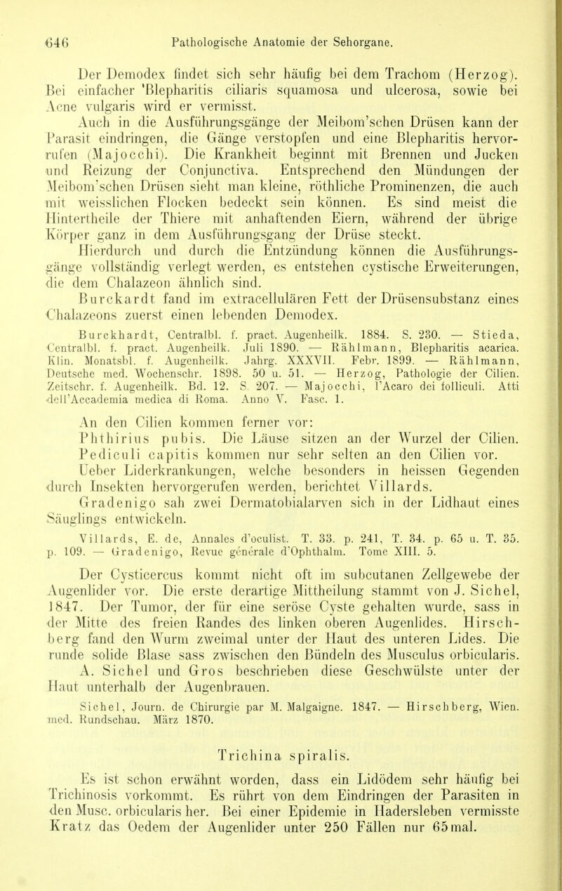 Der Demodex findet sich sehr häufig bei dem Trachom (Herzog). Bei einfacher 'Blepharitis ciliaris squamosa und ulcerosa, sowie bei Acne vulgaris wird er vermisst. Auch in die Ausführungsgänge der Meibom'schen Drüsen kann der Parasit eindringen, die Gänge verstopfen und eine Blepharitis hervor- rufen (Majocchi). Die Krankheit beginnt mit Brennen und Jucken und Reizung der Conjunctiva. Entsprechend den Mündungen der Meibom'schen Drüsen sieht man kleine, röthliche Prominenzen, die auch mit weisslichen Flocken bedeckt sein können. Es sind meist die Hintertheile der Thiere mit anhaftenden Eiern, während der übrige Körper ganz in dem Ausführungsgang der Drüse steckt. Hierdurch und durch die Entzündung können die Ausführungs- gänge vollständig verlegt werden, es entstehen cystische Erweiterungen, die dem Chalazeon ähnlich sind. Burckardt fand im extracellulären Fett der Drüsensubstanz eines Ohalazeons zuerst einen lebenden Demodex. Burckhardt, Centralbl. f. pract. Augenheilk. 1884. S. 230. — Stieda, Centralbl. f. pract. Augenheilk. Juli 1890. — Rählmann, Blepharitis acarica. Klin. Monatsbl. f. Augenheilk. Jahrg. XXXVII. Febr. 1899. — Rählmann, Deutsche med. Wochenschr. 1898. 50 u. 51. — Herzog, Pathologie der Cilien. Zeitschr. f. Augenheilk. Bd. 12. S. 207. — Majocchi, TAcaro dei folliculi. Atti •deU'Accademia medica di Roma. Anno V. Fase. 1. An den Cilien kommen ferner vor: Phthirius pubis. Die Läuse sitzen an der Wurzel der Cilien. Pediculi capitis kommen nur sehr selten an den Cilien vor. Ueber Liderkrankungen, welche besonders in heissen Gegenden durch Insekten hervorgerufen werden, berichtet Villards. Gradenigo sah zwei Dermatobialarven sich in der Lidhaut eines Säuglings entwickeln. Villards, E. de, Annales d'oeulist, T. 33. p. 241, T. 34. p. 65 u. T. 35. p. 109. — Gradenigo, Revue generale d'Ophthalm. Tome XIII. 5. Der Cysticercus kommt nicht oft im subcutanen Zellgewebe der Augenlider vor. Die erste derartige Mittheilung stammt von J. Sichel, 1847. Der Tumor, der für eine seröse Cyste gehalten wurde, sass in der Mitte des freien Randes des linken oberen Augenlides. Hirsch- berg fand den Wurm zweimal unter der Haut des unteren Lides. Die runde solide Blase sass zwischen den Bündeln des Musculus orbicularis. A. Sichel und Gros beschrieben diese Geschwülste unter der Haut unterhalb der Augenbrauen. Sichel, Journ. de Chirurgie par M. Malgaigne. 1847. — Hirschberg, Wien, med. Rundschau. März 1870. Trichina spiralis. Es ist schon erwähnt worden, dass ein Lidödem sehr häufig bei Trichinosis vorkommt. Es rührt von dem Eindringen der Parasiten in den Muse, orbicularis her. Bei einer Epidemie in Hadersleben vermisste Kratz das Oedem der Augenlider unter 250 Fällen nur 65 mal.