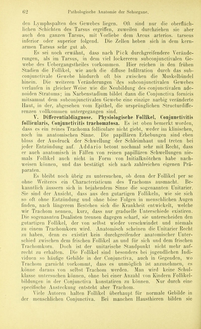 den Lymphspalten des Gewebes liegen. Oft sind nur die oberfläch- lichen Schichten des Tarsus ergriffen, zuweilen durchziehen sie aber auch den ganzen Tarsus, mit Vorliebe dem Arcus arteriös, tarseus inferior oder superior folgend. Die Zellen heben sich in dem kern- armen Tarsus sehr gut ab. Es sei noch erwähnt, das5 nach Pick durchgreifendere Verände- rungen, als im Tarsus, in dem viel lockereren subconjunctivalen Ge- webe des ücbergangstheiles vorkommen. Hier reichen in den frühen Stadien die Follikel, wie auch die diffuse Infiltration durch das sub- conjunctivale Gewebe hindurch oft bis zwischen die Muskelbündel hinein. Die weiteren A^eränderungen des subconjunctivalen Gewebes verlaufen in gleicher Weise wie die Neubildung des conjunctivalen ade- noiden Stratums; im Narbenstadium bildet dann die Conjunctiva fornicis mitsammt dem subconjunctivalen Gewebe eine einzige narbig veränderte Haut, in der, abgesehen vom Epithel, die ursprünglichen Structurdiffe- renzen vollkommen untergegangen sind. V. Differentialdiaguose. Physiologische Follikel, Conjunctivitis follicularis, Conjunctivitis trachomatosa. Es ist oben bemerkt worden, dass es ein reines Trachoma folliculare nicht giebt, weder im khnischen, noch im anatomischen Sinne. Die papillären Erhebungen sind eben bloss der Ausdruck der Schwellung der Schleimhaut und treten bei jeder Entzündung auf. Addario betont nochmal sehr mit Recht, dass er auch anatomisch in Fällen von reinen papillären Schwellungen nie- mals Follikel auch nicht in Form von Initialknötchen habe nach- weisen können, und das bestätigt sich nach zahlreichen eigenen Prä- paraten. Es bleibt noch übrig zu untersuchen, ob denn der Follikel per se ohne Weiteres ein Characteristicum des Trachoms ausmacht. Be- kanntlich äussern sich in bejahendem Sinne die sogenannten (Jnitarier. Sie sind der Ansicht, dass aus den gutartigen Follikeln, wie sie sich so oft ohne Entzündung und ohne böse Folgen in menschlichen Augen finden, nach längerem Bestehen sich die Krankheit entwickelt, welche wir Trachom nennen, kurz, dass nur graduelle Unterschiede existiren. Die sogenannten Dualisten trennen dagegen scharf, sie unterscheiden den gutartigen Follikel, der von selbst wieder verschwindet und niemals zu einem Trachomkorn wird. Anatomisch scheinen die IJnitarier Recht zu haben, denn es existirt kein durchgreifender anatomischer Unter- schied zwischen dem frischen Follikel an und für sich und dem frischen Trachomkorn. Doch ist der unitarische Standpunkt nicht mehr auf- recht zu erhalten. Die Follikel sind besonders bei jugendlichen Indi- viduen so häufige Gebilde in der Conjunctiva, auch in Gegenden, wo Trachom garnicht vorkommt, dass es unmöglich ist anzunehmen, es könne daraus von selbst Trachom werden. Man wird keine Schul- klasse untersuchen können, ohne bei einer Anzahl von Kindern Follikel- bildungen in der Conjunctiva konstatiren zu können. Nur durch eine specifische Ansteckung entsteht aber Trachom. Viele Autoren halten Follikel überhaupt für normale Gebilde in der menschlichen Conjunctiva. Bei manchen Hausthieren bilden sie