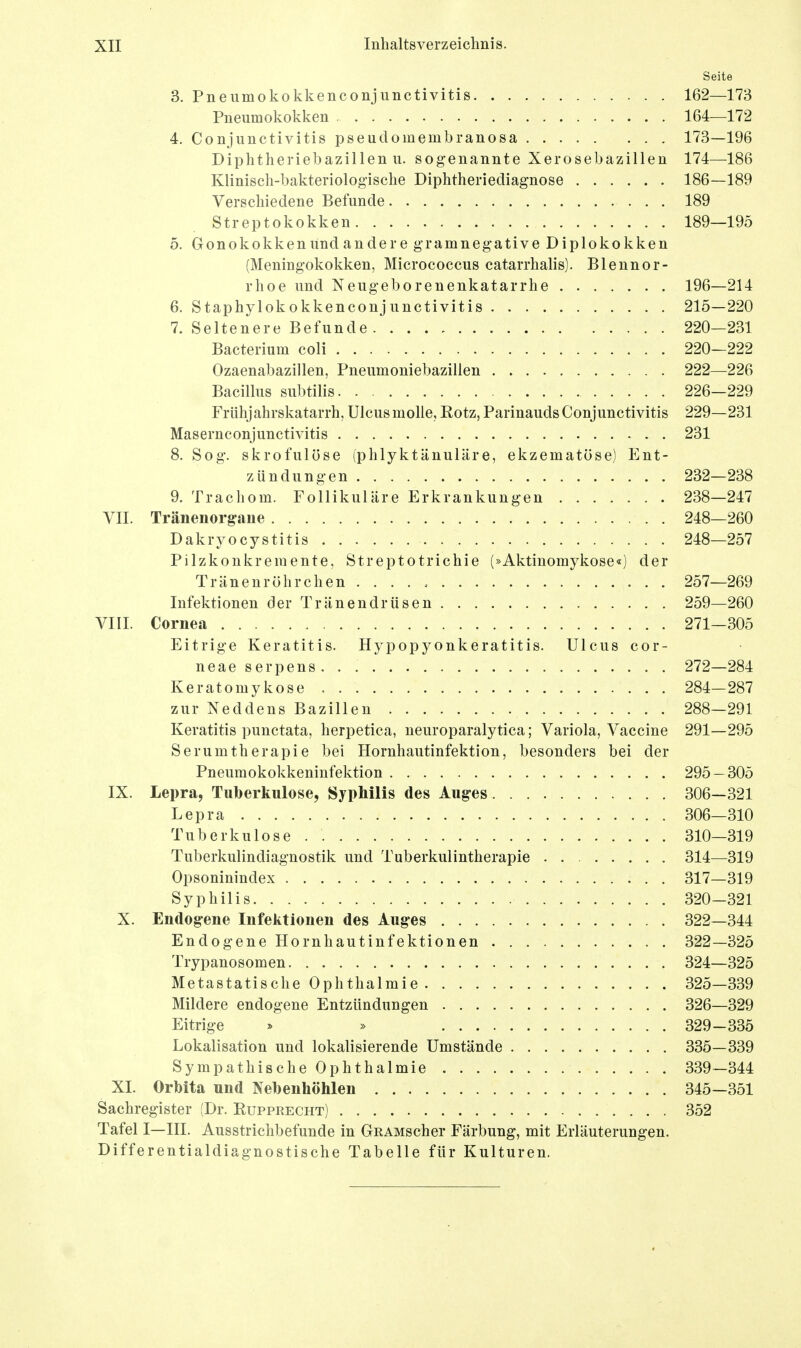 Seite 3. Pneumokokkenconjunctivitis 162—173 Pneumokokken 164—172 4. Conjunctivitis pseudomembranosa 173—196 Diphtheriebazillen u. sogenannte Xerosebazillen 174—186 Klinisch-bakteriologische Diphtheriediagnose 186—189 Verschiedene Befunde 189 Streptokokken 189—195 5. Gonokokken und andere gram negative D iploko kken (Meningokokken, Micrococcus catarrhalis). Blennor- rhoe und Neugeborenenkatarrhe 196—214 6. Staphylokokkenconjunctivitis 215—220 7. Seltenere Befunde 220—231 Bacterium coli 220—222 Ozaenabazillen, Pneumoniebazillen 222—226 Bacillus subtilis 226—229 Frühjahrskatarrh, Ulcus molle, Rotz, Parinauds Conjunctivitis 229—231 Masernconjunctivitis 231 8. Sog. skrofulöse (phlyktänuläre, ekzematöse) Ent- zündungen 232—238 9. Trachom. Follikuläre Erkrankungen 238—247 VII. Tränenorgane 248—260 Dakryocystitis 248—257 Pilzkonkremente, Streptotrichie (»Aktinomykose«) der Tränenröhrchen 257—269 Infektionen der Tränendrüsen 259—260 VIII. Cornea 271—305 Eitrige Keratitis. Hypopyonkeratitis. Ulcus cor- neae serpens. . 272—284 Keratomykose 284—287 zur Neddens Bazillen 288—291 Keratitis punctata, herpetica, neuroparalytica; Variola, Vaccine 291—295 Serumtherapie bei Hornhautinfektion, besonders bei der Pneumokokkeninfektion 295 — 305 IX. Lepra, Tuberkulose, Syphilis des Auges 306—321 Lepra 306—310 Tuberkulose . 310—319 Tuberkulindiagnostik und Tuberkulintherapie 314—319 Opsoninindex 317—319 Syphilis 320—321 X. Endogene Infektionen des Auges 322—344 Endogene Hornhautinfektionen 322—325 Trypanosomen 324—325 Metastatische Ophthalmie 325—339 Mildere endogene Entzündungen 326—329 Eitrige » » 329-335 Lokalisation und lokalisierende Umstände 335—339 Sympathische Ophthalmie 339—344 XI. Orbita und Nebenhöhlen 345—351 Sachregister (Dr. Kupprecht) 352 Tafel I—III. Ausstrichbefunde in GRAMscher Färbung, mit Erläuterungen. Differentialdiagnostische Tabelle für Kulturen.