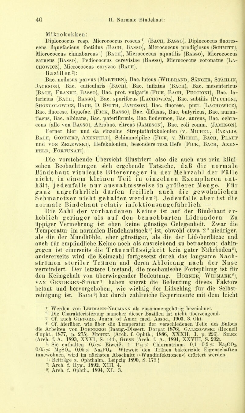 Mikrokokken: Diplococcus resp. Micrococcus roseus*) (Bach, Basso), Diplococcus fluores- cens liquefaciens foetidus (Bach, Basso), Micrococcus prodigiosus (Schmitt), Micrococcus cinuabareus *) (Bach), Micrococcus aquatilis (Basso), Micrococcus carneus (Basso), Pediococcus cerevisiae (Basso), Micrococcus coronatus (La- chowicz), Micrococcus coryzae (Bach). Bazillen2): Bac. nodosus parvus (Marthex), Bac. luteus (Wilbrand, Sänger, Stählin, Jackson), Bac. cuticularis (Bach), Bac. inflatus (Bach), Bac. mesentericus (Bach, Franke, Basso), Bac. prot. vulgaris (Fick, Bach, Püccioni), Bac. la- tericius (Bach, Basso), Bac. sporiferus (Lachowicz), Bac. subtilis (Puccioni, Shongolowicz, Bach, D. Smith, Jameson), Bac. fluoresc. putr. (Lachowicz), Bac. fluoresc. liquefac. (Fick, Basso), Bac. diffusus, Bac. butyricus, Bac. auran- tiacus, Bac. albicans, Bac. pateriformis, Bac. liodermos, Bac. aureus, Bac. ochra- ceus (alle von Basso), Aerobac. citreus (Jameson), Bac. coli comm. (Jameson). Ferner hier und da einzelne Streptothrixkolonien (v. Michel, Cazalis, Bach, Gombert, Axenfeld), Schimmelpilze (Fick, v. Michel, Bach, Plaut und von Zelewski), Hefekolonien, besonders rosa Hefe (Fick, Bach, Axen- feld, Fortunati). Die vorstehende Ubersicht illustriert also die auch aus rein klini- schen Beobachtungen sich ergebende Tatsache, daß die normale Bindehaut virulente Eitererreger in der Mehrzahl der Fälle nicht, in einem kleinen Teil in einzelnen Exemplaren ent- hält, jedenfalls nur ausnahmsweise in größerer Menge. Für ganz ungefährlich dürfen freilich auch die gewöhnlichen Schmarotzer nicht gehalten werden3). Jedenfalls aber ist die normale Bindehaut relativ infektionsungefährlich. — Die Zahl der vorhandenen Keime ist auf der Bindehaut er- heblich geringer als auf den benachbarten Lidrändern. Zu üppiger Vermehrung ist eben keine günstige Gelegenheit. Zwar die Temperatur im normalen Bindehautsack4) ist, obwohl etwa 2° niedriger, als die der Mundhöhle, eher günstiger, als die der Lidoberfläche und auch für empfindliche Keime noch als ausreichend zu betrachten; dahin- gegen ist einerseits die Tränenflüssigkeit kein guter Nährboden5), andererseits wird die Keimzahl fortgesetzt durch das laugsame Nach- strömen steriler Tränen und deren Ableitung nach der Nase vermindert. Der letztere Umstand, die mechanische Fortspülung ist für den Keimgehalt von überwiegender Bedeutung. Horner, Widmark6), van Genderen-Stort 7) haben zuerst die Bedeutung dieses Faktors betont und hervorgehoben, wie wichtig der Lidschlag für die Selbst- reinigung ist. Bach8) hat durch zahlreiche Experimente mit dem leicht *) Werden von Lehmann-Neumann als zusammengehörig bezeichnet. 2) Die Charakterisierung mancher dieser Bazillen ist. nicht überzeugend. 3) Cf. auch Gifford, Journ. of Amer. med. Assoc, 1903, 3. Okt. 4) Cf. hierüber, wie über die Temperatur der verschiedenen Teile des Bulbus die Arbeiten von Dohnberg (Inaug.-Dissert. Dorpat 1876), Galezowski (Eecueil d'opht., 1877, p. 275), Michel (Arch. f. Ophth., 1886, XXXII, 1, p. 226), Silex (Arch. f. A., 1893, XXVI, S. 141), Giese (Arch. f. A., 1894, XXVIII, S. 292). 5) Sie enthalten: 0,5% Eiweiß, 1—1y2 % Chlornatrium, 0,1—0,2% Na2C03, 0,05 % MgS04, 0,05 % Na3P04. Wieweit den Tränen bakterizide Eigenschaften innewohnen, wird im nächsten Abschnitt (»Wundinfektionen«) erörtert werden. fi) Beiträge z. öphthalm., Leipzig 1890, S. 119.] 7) Arch. f. Hyg., 1892, XIII, 4. 8) Arch. f. Ophth., 1894, XL, 3.