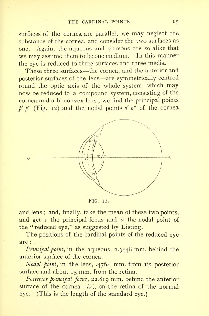 surfaces of the cornea are parallel, we may neglect the substance of the cornea, and consider the two surfaces as one. Again, the aqueous and vitreous are so alike that we may assume them to be one medium. In this manner the eye is reduced to three surfaces and three media. These three surfaces—the cornea, and the anterior and posterior surfaces of the lens—are symmetrically centred round the optic axis of the whole system, which may now be reduced to a compound system, consisting of the cornea and a bi-convex lens ; we find the principal points p' p (Fig. 12) and the nodal points ri n of the cornea Fig. 12. and lens ; and, finally, take the mean of these two points, and get p the principal focus and n the nodal point of the  reduced eye, as suggested by Listing. The positions of the cardinal points of the reduced eye are : Principal point, in the aqueous, 2.3448 mm. behind the anterior surface of the cornea. Nodal point, in the lens, .4764 mm. from its posterior surface and about 15 mm. from the retina. Posterior principal focus, 22.819 mm. behind the anterior surface of the cornea—i.e., on the retina of the normal eye. (This is the length of the standard eye.)