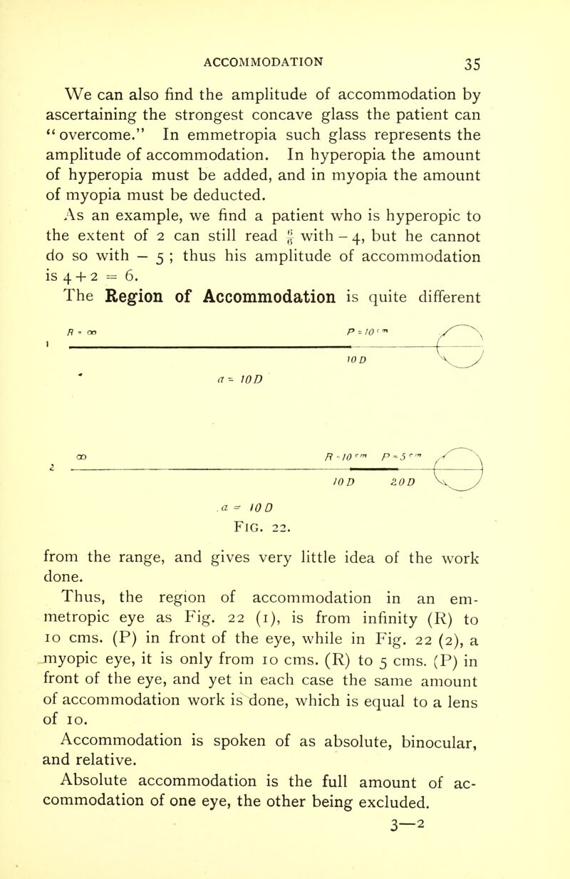 We can also find the amplitude of accommodation by ascertaining the strongest concave glass the patient can  overcome. In emmetropia such glass represents the amplitude of accommodation. In hyperopia the amount of hyperopia must be added, and in myopia the amount of myopia must be deducted. As an example, we find a patient who is hyperopic to the extent of 2 can still read § with - 4, but he cannot do so with — 5 ; thus his amplitude of accommodation is 4 + 2 = 6. The Region of Accommodation is quite different WD a-- WD co R~IOcm P=5C' Z , _ IOD 2.0D .a- 10 0 Fig. 22. from the range, and gives very little idea of the work done. Thus, the region of accommodation in an em- metropic eye as Fig. 22 (1), is from infinity (R) to 10 cms. (P) in front of the eye, while in Fig. 22 (2), a myopic eye, it is only from 10 cms. (R) to 5 cms. (P) in front of the eye, and yet in each case the same amount of accommodation work is done, which is equal to a lens of 10. Accommodation is spoken of as absolute, binocular, and relative. Absolute accommodation is the full amount of ac- commodation of one eye, the other being excluded. 3—2