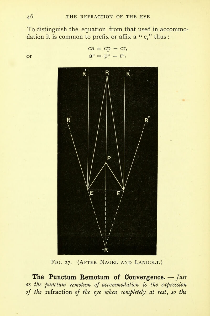 To distinguish the equation from that used in accommo- dation it is common to prefix or affix a  c, thus: ca = cp — cr, or ac = pc — rc. Fig. 27. (After Nagel and Landolt.) The Punctum Remotum of Convergence. — Just as the punctum remotum of accommodation is the expression of the refraction of the eye when completely at rest, so the