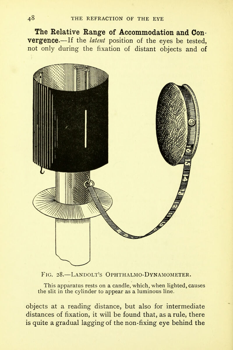 The Relative Range of Accommodation and Con- vergence.—If the latent position of the eyes be tested, not only during the fixation of distant objects and of Fig. 28.—Landolt's Ophthalmodynamometer. This apparatus rests on a candle, which, when lighted, causes the slit in the cylinder to appear as a luminous line. objects at a reading distance, but also for intermediate distances of fixation, it will be found that, as a rule, there is quite a gradual lagging of the non-fixing eye behind the