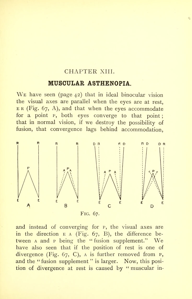 MUSCULAR ASTHENOPIA. We have seen (page 42) that in ideal binocular vision the visual axes are parallel when the eyes are at rest, e r (Fig. 67, A), and that when the eyes accommodate for a point p, both eyes converge to that point ; that in normal vision, if we destroy the possibility of fusion, that convergence lags behind accommodation, and instead of converging for p, the visual axes are in the direction e a (Fig. 67, B), the difference be- tween a and p being the  fusion supplement. We have also seen that if the position of rest is one of divergence (Fig. 67, C), a is further removed from p, and the  fusion supplement  is larger. Now, this posi- tion of divergence at rest is caused by  muscular in-