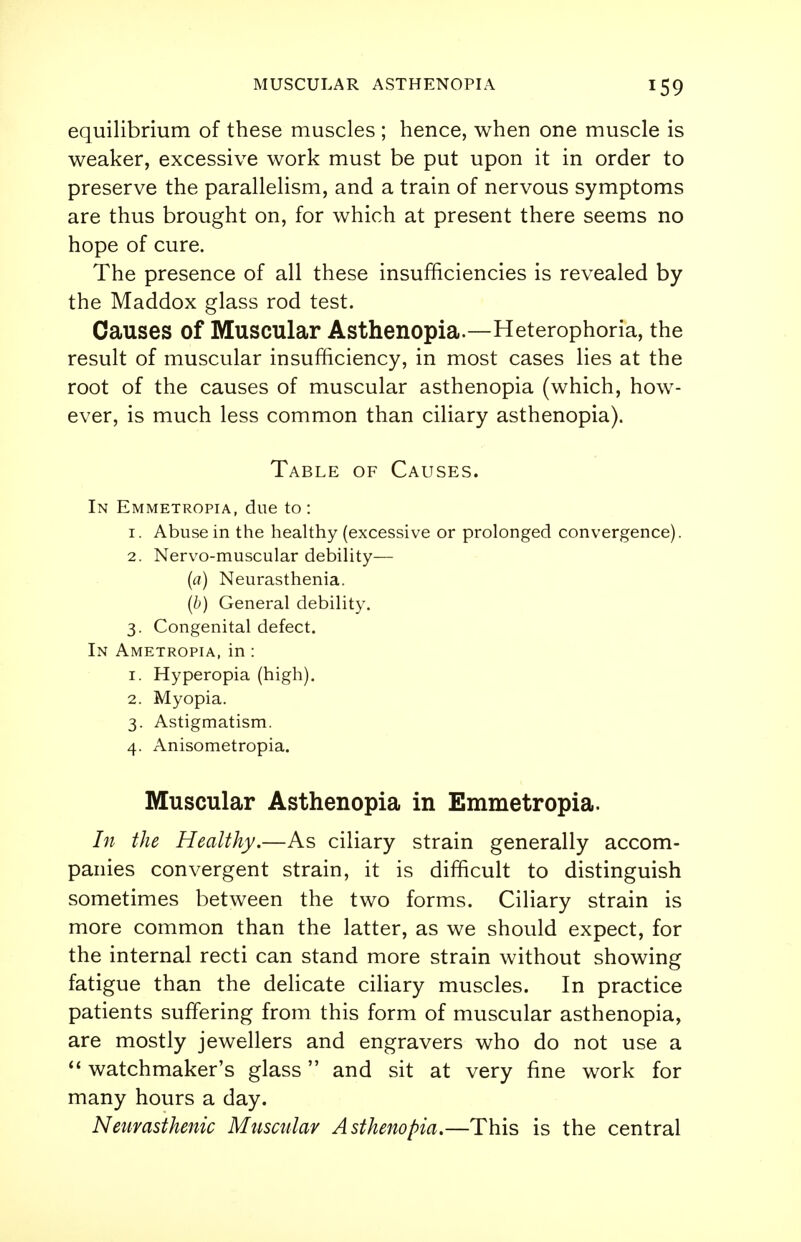 equilibrium of these muscles ; hence, when one muscle is weaker, excessive work must be put upon it in order to preserve the parallelism, and a train of nervous symptoms are thus brought on, for which at present there seems no hope of cure. The presence of all these insufficiencies is revealed by the Maddox glass rod test. Causes of Muscular Asthenopia.—Heterophoria, the result of muscular insufficiency, in most cases lies at the root of the causes of muscular asthenopia (which, how- ever, is much less common than ciliary asthenopia). Table of Causes. In Emmetropia, due to : 1. Abuse in the healthy (excessive or prolonged convergence). 2. Nervo-muscular debility— (a) Neurasthenia. (b) General debility. 3. Congenital defect. In Ametropia, in : 1. Hyperopia (high). 2. Myopia. 3. Astigmatism. 4. Anisometropia. Muscular Asthenopia in Emmetropia. In the Healthy.—As ciliary strain generally accom- panies convergent strain, it is difficult to distinguish sometimes between the two forms. Ciliary strain is more common than the latter, as we should expect, for the internal recti can stand more strain without showing fatigue than the delicate ciliary muscles. In practice patients suffering from this form of muscular asthenopia, are mostly jewellers and engravers who do not use a  watchmaker's glass and sit at very fine work for many hours a day. Neurasthenic Muscular Asthenopia.—This is the central