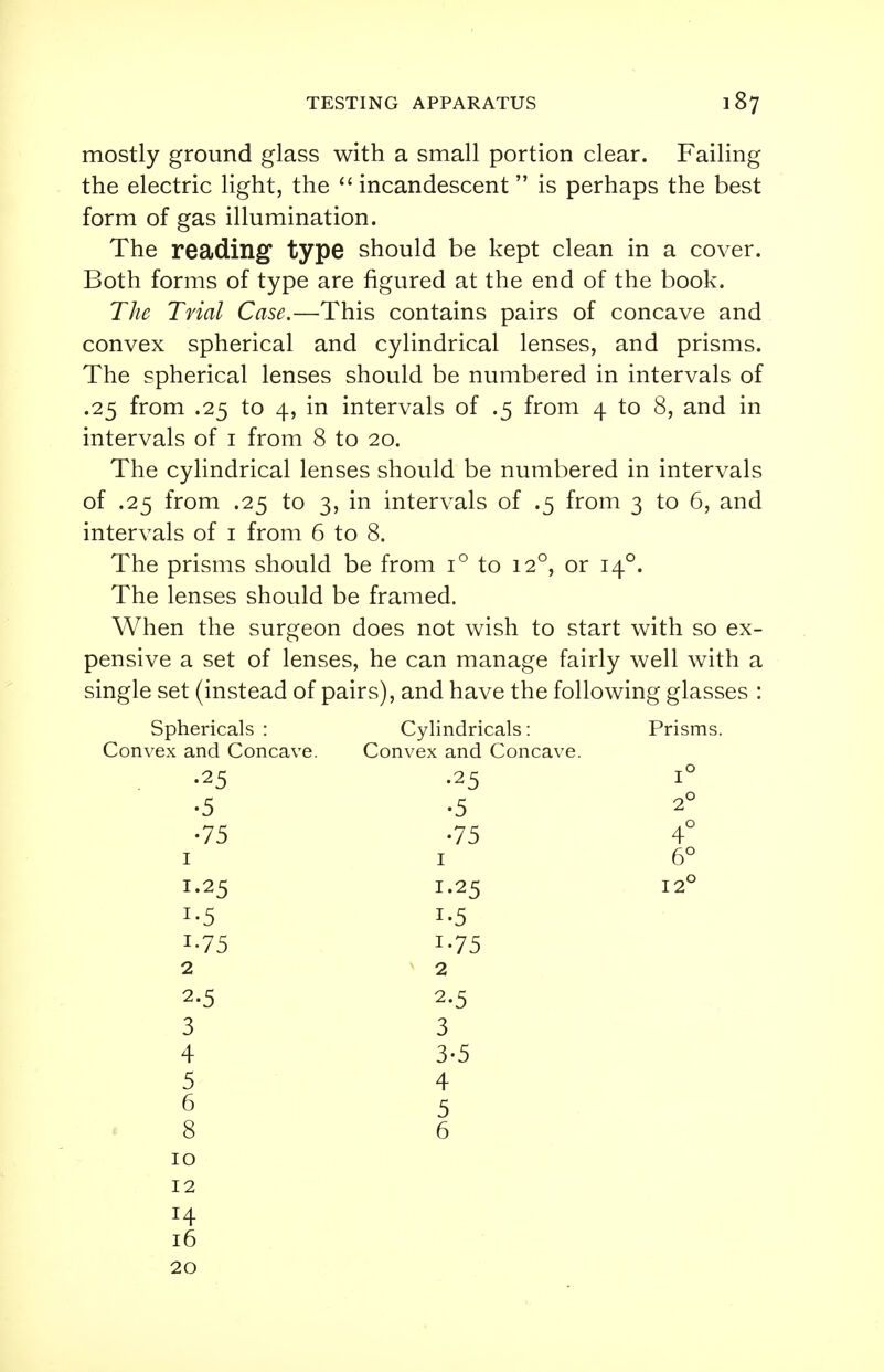 mostly ground glass with a small portion clear. Failing the electric light, the  incandescent is perhaps the best form of gas illumination. The reading type should be kept clean in a cover. Both forms of type are figured at the end of the book. The Trial Case.—This contains pairs of concave and convex spherical and cylindrical lenses, and prisms. The spherical lenses should be numbered in intervals of .25 from .25 to 4, in intervals of .5 from 4 to 8, and in intervals of 1 from 8 to 20. The cylindrical lenses should be numbered in intervals of .25 from .25 to 3, in intervals of .5 from 3 to 6, and intervals of 1 from 6 to 8. The prisms should be from i° to 120, or 140. The lenses should be framed. When the surgeon does not wish to start with so ex- pensive a set of lenses, he can manage fairly well with a single set (instead of pairs), and have the following glasses : Sphericals : Cylindricals: Prisms. Convex and Concave. Convex and Concave. •25 •25 1° •5 •5 2° •75 •75 4° 1 1 6° 1.25 1.25 12° i-5 i-75 2 2 2.5 2-5 3 3 4 3-5 5 4 6 5 8 6 10 12 H 16 20