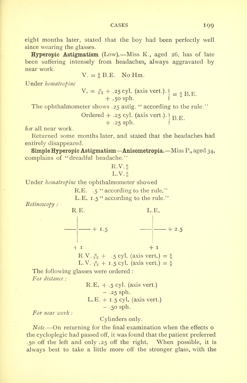 eight months later, stated that the boy had been perfectly well since wearing the glasses. Hyperopic Astigmatism (Low).—Miss K., aged 26, has of late been suffering intensely from headaches, always aggravated by near work. V. = f B.E. No Hm. Under homatvopinc V. == -/W + .25 cyl. (axis vert.). I _. 4B E + .50 sph. ) 0 The ophthalmometer shows .25 astig.  according to the rule. Ordered + .25 cyl. (axis vert.).) -g ^ + .25 sph. J for all near work. Returned some months later, and stated that the headaches had entirely disappeared. Simple Hyperopic Astigmatism—Anisometropia.—Miss P., aged 34, complains of dreadful headache. R.V.| L.V.f Under homatvopinc the ophthalmometer showed R.E. .5  according to the rule. L.E. 1.5  according to the rule. Retinoscopy; R.E. L.E. + 1-5 + 1 +1 R.V.-/V + .5 cyl. (axis vert.) L.V. T°g + 1.5 cyl. (axis vert.) The following glasses were ordered : For distance : R.E. + .5 cyl. (axis vert.) - .25 sph. L.E. + 1.5 cyl. (axis vert.) - .50 sph. For near work : 2-5 Cylinders only. Note.—On returning for the final examination when the effects o the cycloplegic had passed off, it was found that the patient preferred .50 off the left and only .25 off the right. When possible, it is always best to take a little more off the stronger glass, with the