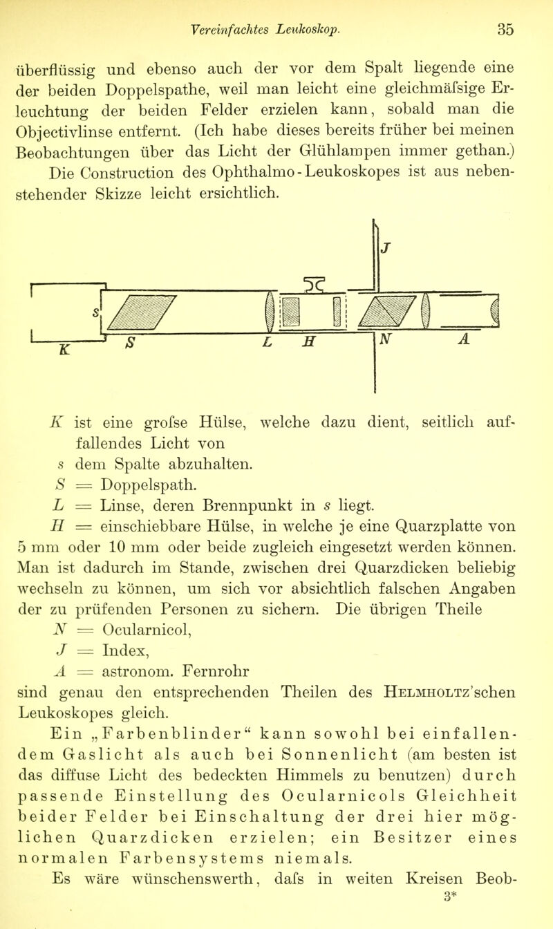 überflüssig und ebenso auch der vor dem Spalt liegende eine der beiden Doppelspathe, weil man leicht eine gleichmäfsige Er- leuchtung der beiden Felder erzielen kann, sobald man die Objectivlinse entfernt. (Ich habe dieses bereits früher bei meinen Beobachtungen über das Licht der Glühlampen immer gethan.) Die Construction des Ophthalmo - Leukoskopes ist aus neben- stehender Skizze leicht ersichtlich. J K ist eine grofse Hülse, welche dazu dient, seitlich auf~ fallendes Licht von s dem Spalte abzuhalten. S = Doppelspath. L = Linse, deren Brennpunkt in s liegt. H = einschiebbare Hülse, in welche je eine Quarzplatte von 5 mm oder 10 mm oder beide zugleich eingesetzt werden können. Man ist dadurch im Stande, zwischen drei Quarzdicken beliebig wechseln zu können, um sich vor absichtlich falschen Angaben der zu prüfenden Personen zu sichern. Die übrigen Theile N = Ocularnicol, J = Index, A = astronom. Fernrohr sind genau den entsprechenden Theilen des HELMHOLTz'schen Leukoskopes gleich. Ein „Farbenblinder kann sowohl bei einfallen- dem Gaslicht als auch bei Sonnenlicht (am besten ist das diffuse Licht des bedeckten Himmels zu benutzen) durch passende Einstellung des Ocularnicols Gleichheit beider Felder bei Einschaltung der drei hier mög- lichen Quarzdicken erzielen; ein Besitzer eines normalen Farbensystems niemals. Es wäre wünschenswerte, dafs in weiten Kreisen Beob- 3*