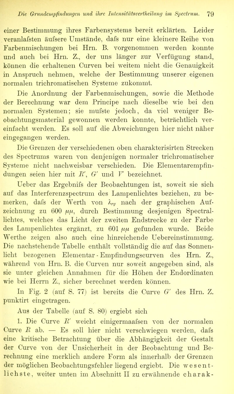 einer Bestimmung ihres Farbensystems bereit erklärten. Leider veranlafsten äufsere Umstände, dafs nur eine kleinere Reihe von Farbenmischungen bei Hrn. B. vorgenommen werden konnte und auch bei Hrn. Z., der uns länger zur Verfügung stand, können die erhaltenen Curven bei weitem nicht die Genauigkeit in Anspruch nehmen, welche der Bestimmung unserer eigenen normalen trichromatischen Systeme zukommt. Die Anordnung der Farbenmischungen, sowie die Methode der Berechnung war dem Principe nach dieselbe wie bei den normalen Systemen; sie mufste jedoch, da viel weniger Be- obachtungsmaterial gewonnen werden konnte, beträchtlich ver- einfacht werden. Es soll auf die Abweichungen hier nicht näher eingegangen werden. Die Grenzen der verschiedenen oben charakterisirten Strecken des Spectrums waren von denjenigen normaler trichromatischer Systeme nicht nachweisbar verschieden. Die Elementarempfin- dungen seien hier mit B\ G' und V bezeichnet. Ueber das Ergebnifs der Beobachtungen ist, soweit sie sich auf das Interferenzspectrum des Lampenlichtes beziehen, zu be- merken, dafs der Werth von lrg nach der graphischen Auf- zeichnung zu 600 pfi, durch Bestimmung desjenigen Spectral- lichtes, welches das Licht der zweiten Endstrecke zu der Farbe des Lampenlichtes ergänzt, zu 601 f-iu gefunden wurde. Beide Werthe zeigen also auch eine hinreichende Uebereinstimmung. Die nachstehende Tabelle enthält vollständig die auf das Sonnen- licht bezogenen Elementar - Empfindungscurven des Hrn. Z., während von Hrn. B. die Curven nur soweit angegeben sind, als sie unter gleichen Annahmen für die Höhen der Endordinaten wie bei Herrn Z., sicher berechnet werden können. In Fig. 2 (auf S. 77) ist bereits die Curve G' des Hrn. Z. punktirt eingetragen. Aus der Tabelle (auf S. 80) ergiebt sich 1. Die Curve B' weicht einigermaafsen von der normalen Curve R ab. — Es soll hier nicht verschwiegen werden, dafs eine kritische Betrachtung über die Abhängigkeit der Gestalt der Curve von der Unsicherheit in der Beobachtung und Be- rechnung eine merklich andere Form als innerhalb der Grenzen der möglichen Beobachtungsfehler liegend ergiebt. Die wesent- lichste, weiter unten im Abschnitt II zu erwähnende c h a r a k -