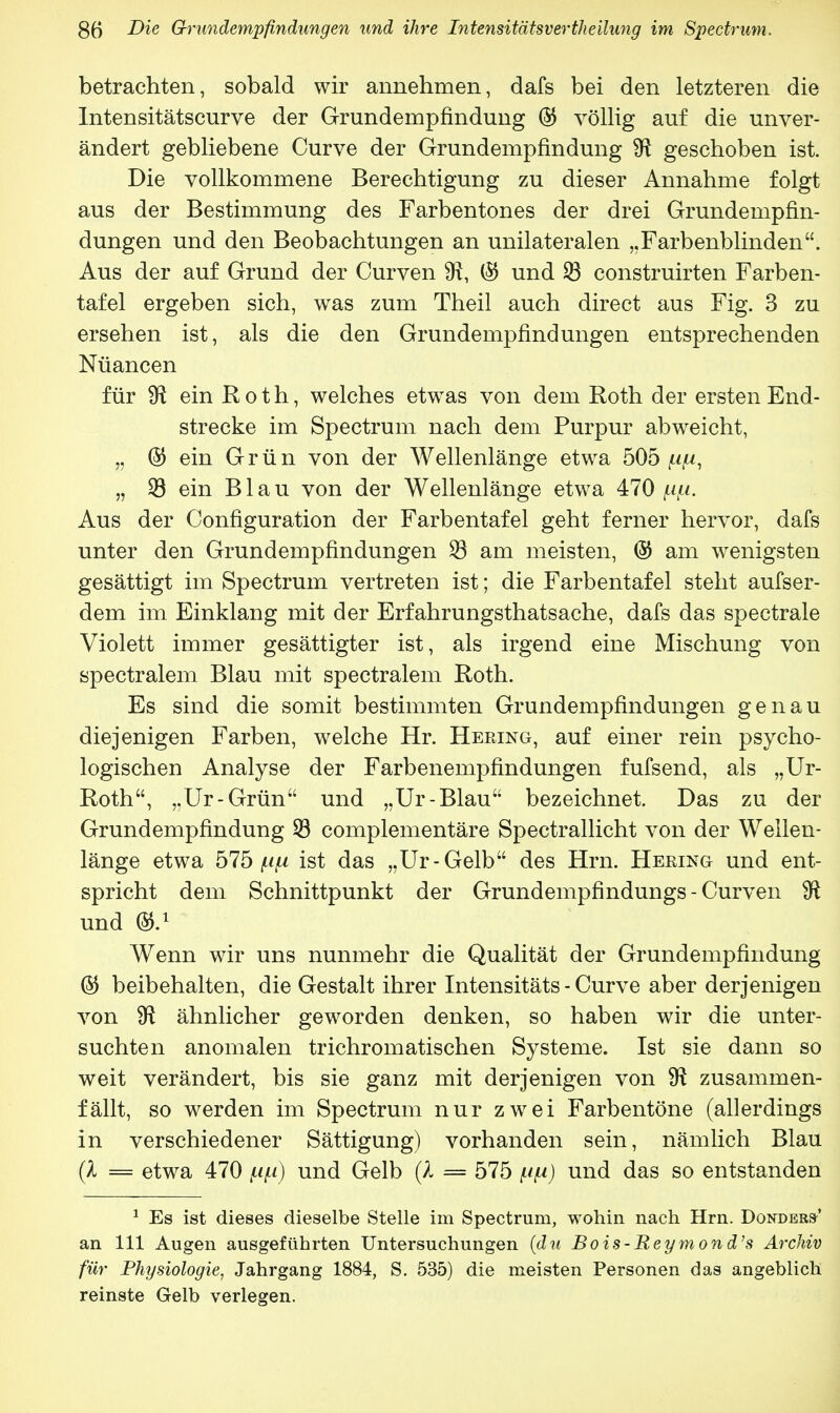 betrachten, sobald wir annehmen, dafs bei den letzteren die Intensitätscurve der Grundempfindung © völlig auf die unver- ändert gebliebene Curve der Grundempfindung #t geschoben ist. Die vollkommene Berechtigung zu dieser Annahme folgt aus der Bestimmung des Farbentones der drei Grundempfin- dungen und den Beobachtungen an unilateralen „Farbenblinden. Aus der auf Grund der Curven 9^, ($ und 53 construirten Farben- tafel ergeben sich, was zum Theil auch direct aus Fig. 3 zu ersehen ist, als die den Grundempfindungen entsprechenden Nüancen für 9? ein Roth, welches etwas von dem Roth der ersten End- strecke im Spectrum nach dem Purpur abweicht, „ © ein Grün von der Wellenlänge etwa 505 ^, „ 33 ein Blau von der Wellenlänge etwa 470 (ip. Aus der Configuration der Farbentafel geht ferner hervor, dafs unter den Grundempfindungen 33 am meisten, © am wenigsten gesättigt im Spectrum vertreten ist; die Farbentafel steht aufser- dem im Einklang mit der Erfahrungsthatsache, dafs das spectrale Violett immer gesättigter ist, als irgend eine Mischung von spectralem Blau mit spectralem Roth. Es sind die somit bestimmten Grundempfindungen genau diejenigen Farben, welche Hr. Hering, auf einer rein psycho- logischen Analyse der Farbenempfindungen fufsend, als „Ur- Roth, „Ur-Grün und „Ur-Blau bezeichnet. Das zu der Grundempfindung 33 complementäre Spectrallicht von der Wellen- länge etwa 575 mi ist das „Ur-Gelb des Hrn. Hering und ent- spricht dem Schnittpunkt der Grundempfindungs - Curven SR und Wenn wir uns nunmehr die Qualität der Grundempfindung ($ beibehalten, die Gestalt ihrer Intensitäts - Curve aber derjenigen von SR ähnlicher geworden denken, so haben wir die unter- suchten anomalen trichromatischen Systeme. Ist sie dann so weit verändert, bis sie ganz mit derjenigen von 9t zusammen- fällt, so werden im Spectrum nur zwei Farbentöne (allerdings in verschiedener Sättigung) vorhanden sein, nämlich Blau (X — etwa 470 und Gelb (l = 575 und das so entstanden 1 Es ist dieses dieselbe Stelle im Spectrum, wohin nach Hrn. Donders-' an 111 Augen ausgeführten Untersuchungen (du Bois-Reymond's Archiv für Physiologie, Jahrgang 1884, S. 535) die meisten Personen das angeblich reinste Gelb verlegen.