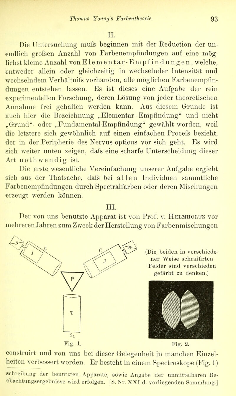 IL Die Untersuchung mufs beginnen mit der Reduction der un- endlich grofsen Anzahl von Farbenempfindungen auf eine mög- lichst kleine Anzahl von Elementar-Empfindungen, welche, entweder allein oder gleichzeitig in wechselnder Intensität und wechselndem Verhältnifs vorhanden, alle möglichen Farbenempfin- dungen entstehen lassen. Es ist dieses eine Aufgabe der rein experimentellen Forschung, deren Lösung von jeder theoretischen Annahme frei gehalten werden kann. Aus diesem Grunde ist auch hier die Bezeichnung „Elementar-Empfindung und nicht „Grund- oder „Fundamental-Empfindung'' gewählt worden, weil die letztere sich gewöhnlich auf einen einfachen Procefs bezieht, der in der Peripherie des Nervus opticus vor sich geht. Es wird sich weiter unten zeigen, dafs eine scharfe Unterscheidung dieser Art nothwendig ist. Die erste wesentliche Vereinfachung unserer Aufgabe ergiebt sich aus der Thatsache, dafs bei allen Individuen sämmtliche Farbenempfindungen durch Spectralfarben oder deren Mischungen erzeugt werden können. III. Der von uns benutzte Apparat ist von Prof. v. Helmholtz vor mehreren Jahren zum Zweck der Herstellung von Farbenmischungen Fig. 1. Fig. 2. construirt und von uns bei dieser Gelegenheit in manchen Einzel- heiten verbessert worden. Er besteht in einem Spectroskope (Fig. 1) Schreibung der benutzten Apparate, sowie Angabe der unmittelbaren Be- obaehtungsergebnisse wird erfolgen. [S. Nr. XXI d. vorliegenden Sammlung.]
