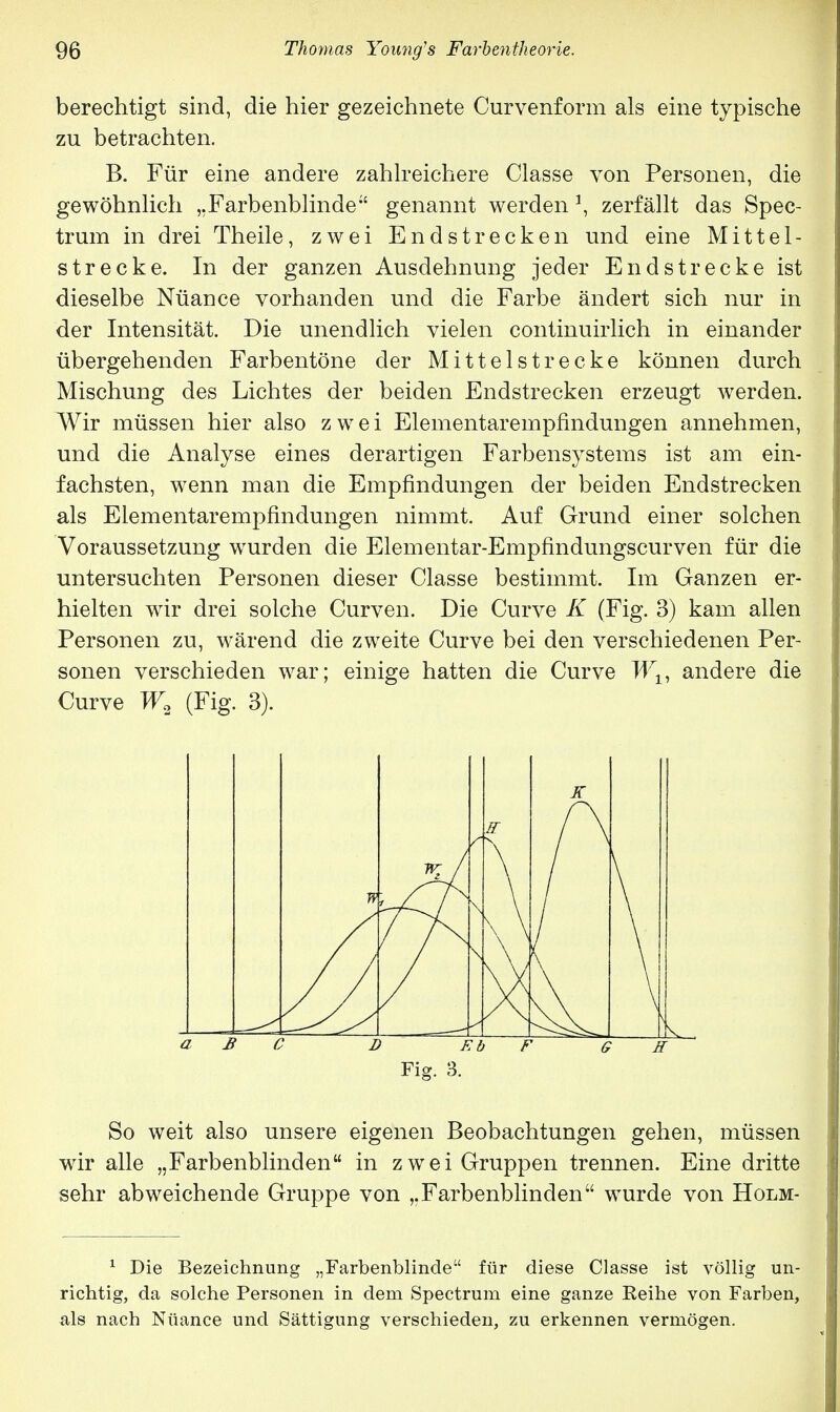 berechtigt sind, die hier gezeichnete Curvenform als eine typische zu betrachten. B. Für eine andere zahlreichere Classe von Personen, die gewöhnlich „Farbenblinde genannt werden *, zerfällt das Spec- trum in drei Theile, zwei Endstrecken und eine Mittel- strecke. In der ganzen Ausdehnung jeder End strecke ist dieselbe Nüance vorhanden und die Farbe ändert sich nur in der Intensität. Die unendlich vielen continuirlich in einander übergehenden Farbentöne der Mittelstrecke können durch Mischung des Lichtes der beiden Endstrecken erzeugt werden. Wir müssen hier also zwei Elementarempfindungen annehmen, und die Analyse eines derartigen Farbensystems ist am ein- fachsten, wenn man die Empfindungen der beiden Endstrecken als Elementarempfindungen nimmt. Auf Grund einer solchen Voraussetzung wurden die Elementar-Empfindungscurven für die untersuchten Personen dieser Classe bestimmt. Im Ganzen er- hielten wir drei solche Curven. Die Curve K (Fig. 3) kam allen Personen zu, wärend die zweite Curve bei den verschiedenen Per- sonen verschieden war; einige hatten die Curve Wt, andere die Curve W2 (Fig. 3). aß C D Eb F G E Fig. 3. So weit also unsere eigenen Beobachtungen gehen, müssen wir alle „Farbenblinden in zwei Gruppen trennen. Eine dritte sehr abweichende Gruppe von „Farbenblinden wurde von Holm- 1 Die Bezeichnung „Farbenblinde für diese Classe ist völlig un- richtig, da solche Personen in dem Spectrum eine ganze Keine von Farben, als nach Nüance und Sättigung verschieden, zu erkennen vermögen.