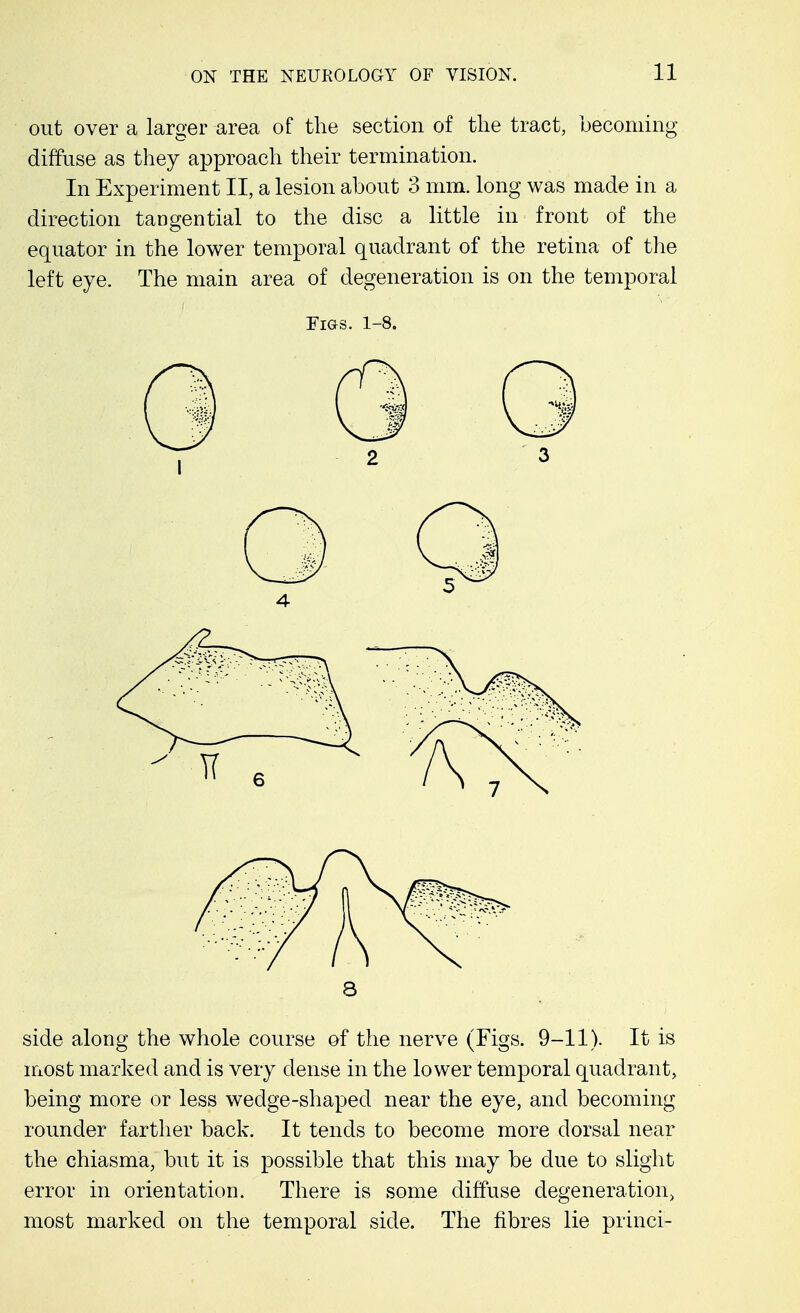 out over a larger area of the section of the tract, becoming diffuse as they approach their termination. In Experiment II, a lesion about 3 mm. long was made in a direction tangential to the disc a little in front of the equator in the lower temporal quadrant of the retina of the left eye. The main area of degeneration is on the temporal Figs. 1-8. 3 side along the whole course of the nerve (Figs. 9-11). It is most marked and is very dense in the lower temporal quadrant, being more or less wedge-shaped near the eye, and becoming rounder farther back. It tends to become more dorsal near the chiasma, but it is possible that this may be due to slight error in orientation. There is some diffuse degeneration, most marked on the temporal side. The fibres lie princi-