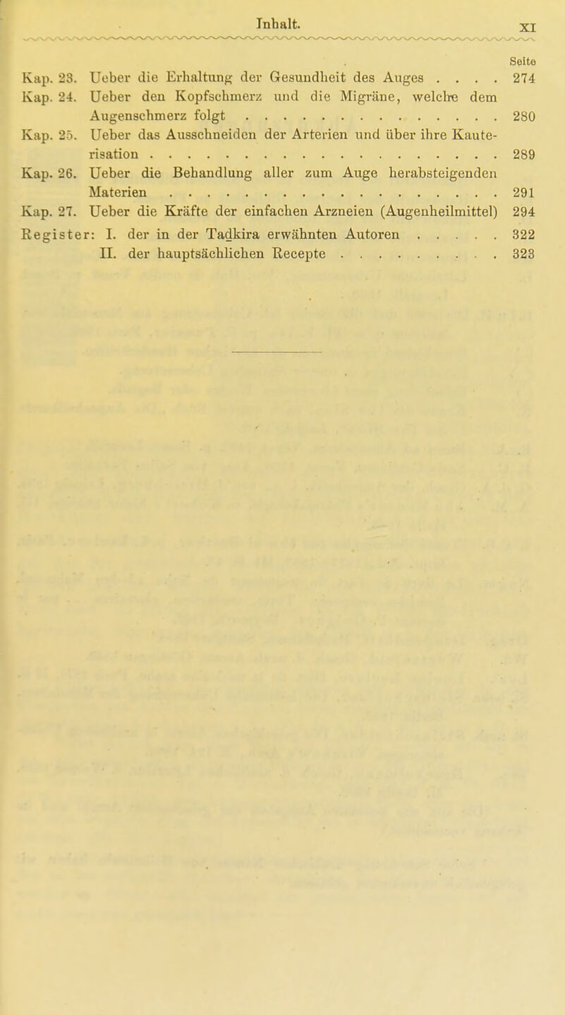 XI Seito Kap. 23. Ueber die Erhaltung der Gesundheit des Auges .... 274 Kap. 24. Ueber den Kopfschmerz und die Migräne, welch« dem Augenschmerz folgt 280 Kap. 25. Ueber das Ausschneiden der Arterien und über ihre Kaute- risation 289 Kap. 26. Ueber die Behandlung aller zum Auge herabsteigenden Materien . 291 Kap. 27. Ueber die Kräfte der einfachen Arzneien (Augenheilmittel) 294 Register: I. der in der Tadkira erwähnten Autoren 322