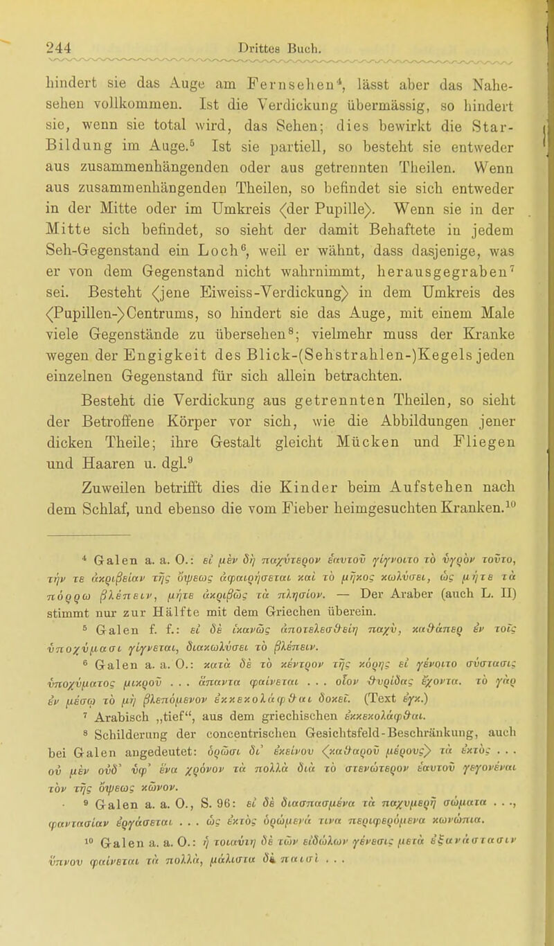 bindert sie das Auge am Fernsehen4, lässt aber das Nahe- sehen vollkommen. Ist die Verdickung übermässig, so bindert sie, wenn sie total wird, das Sehen; dies bewirkt die Star- Bildung im Auge.5 Ist sie partiell, so besteht sie entweder aus zusammenhängenden oder aus getrennten Theilen. Wenn aus zusammenhängenden Theilen, so befindet sie sich entweder in der Mitte oder im Umkreis (der Pupille). Wenn sie in der Mitte sich befindet, so sieht der damit Behaftete in jedem Seh-Gegenstand ein Loch6, weil er wähnt, dass dasjenige, was er von dem Gegenstand nicht wahrnimmt, herausgegraben7 sei. Besteht (jene Eiweiss-Verdickung) in dem Umkreis des (Pupillen-)Centrums, so hindert sie das Auge, mit einem Male viele Gegenstände zu übersehen8; vielmehr muss der Kranke wegen der Engigkeit des Blick-(Sehstrahlen-)Kegels jeden einzelnen Gegenstand für sich allein betrachten. Besteht die Verdickung aus getrennten Theilen, so sieht der Betroffene Körper vor sich, wie die Abbildungen jener dicken Theile; ihre Gestalt gleicht Mücken und Fliegen und Haaren u. dgl.9 Zuweilen betrifft dies die Kinder beim Aufstehen nach dem Schlaf, und ebenso die vom Fieber heimgesuchten Kranken.10 4 Galen a. a. 0.: et fiev ö!/ nayvzeQOV envzov ylyvouo zb vygbv zovzo, zfjv ze axQißeiav zrjg byjecog acpon,qr]aezai xai zb ftrjxog xwlvaei, oig (irjze za. nöqqa) ßleneiv, fir)ze äxqißüg za nlrjaLov. — Der Araber (auch L. DI) stimmt nur zur Hälfte mit dem Griechen überein. 5 Galen f. f.: ei de ixavwg unozelea&eLr) nayv, xafräneQ iv zoic vnOjfViLaoi ylfvezai, Suxxcohuaei zb ßlenetv. 6 Galen a. a. 0.: xaza Öe zb xevzqov zrjg xöqtig et fivoizo avazaai; vno/v^azog /jixqov . . . anavza cpaivezat . . . olov xfvqiÖag fyovvx. to yäq ev /j.eaa zb fir/ ßlenö^ievov exxexolätpd-ai doxet. (Text e'yx.) 7 Arabisch „tief, aus dem griechischen ixxexol&cp&ai. 8 Schilderung der concentrischen Gesichtsfeld-Beschränkung, auch bei Galen angedeutet: bquiai dt exebov (xattaqov jxeqovgy za t'xzbg . . . ov uev o&8' vcp' eva xqovov za nollä öiä zb azepuzeqov tavzov yeyovivnt zbv zrjg bipeag xüvov. 9 Galen a. a. 0., S. 96: ec äe öiaanaa^teva in na/vfieqij aüpaza . . ., tpavznoiav egyäaezai . . . üg e'xzbg öqüp.efü ziva neQiqpeQÖ(ie>>a xwvümut. 10 Galen a. a. 0.: ') zoiavii] öe zwu slSäXav yeVeo-ic [teza e'Suväuzaaiv vnvov rpaü'ezai zit nolla, [iühaza öi nauri ...