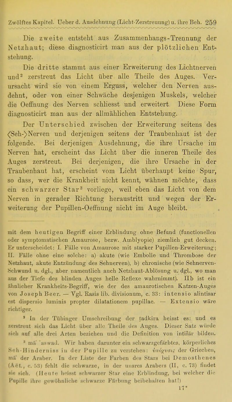 Die zweite entsteht aus Zusammenhangs-Trennung der Netzhaut; diese diagnosticirt man aus der plötzlichen Ent- stehung. Die dritte stammt aus einer Erweiterung des Lichtnerven und2 zerstreut das Licht über alle Theile des Auges. Ver- ursacht wird sie von einem Erguss, welcher den Nerven aus- dehnt, oder von einer Schwäche desjenigen Muskels, welcher die Oeffnung des Nerven schliesst und erweitert. Diese Form diagnosticirt man aus der allmählichen Entstehung. Der Unterschied zwischen der Erweiterung seitens des (Seh-)Nerven und derjenigen seitens der Traubenhaiit ist der folgende. Bei derjenigen Ausdehnung, die ihre Ursache im Nerven hat, erscheint das Licht über die inneren Theile des Auges zerstreut. Bei derjenigen, die ihre Ursache in der Traubenhaut hat, erscheint vom Licht überhaupt keine Spur, so dass, wer die Krankheit nicht kennt, wähnen möchte, dass ein schwarzer Star3 vorliege, weil eben das Licht von dem Nerven in gerader Bichtung heraustritt und wegen der Er- weiterung der Bupillen-Oeffnung nicht im Auge bleibt. mit dem heutigen Begriff einer Erblindung ohne Befund (functionellen oder symptomatischen Amaurose, bezw. Amblyopie) ziemlich gut decken. Er unterscheidet: I. Fälle von Amaurose mit starker Pupillen-Erweiterung; II. Fälle ohne eine solche: a) akute (wie Embolie und Thrombose der Netzhaut, akute Entzündung des Sehnerven), b) chronische (wie Sehnerven- Schwund u. dgl., aber namentlich auch Netzhaut-Ablösung u. dgl., wo man aus der Tiefe des blinden Auges helle Reflexe wahrnimmt), üb ist ein ähnlicher Krankheits-Begriff, wie der des amaurotischen Katzen-Auges von Joseph Beer. — Vgl. Rasis lib. divisionum, c. 33: intensio alintisar est dispersio luminis propter dilatationem pupillae. — Extcnsio wäre richtiger. s In der Tübinger Umschreibung der tadkira heisst es: und es zerstreut sich das Licht über alle Theile des Auges. Dieser Satz würde sich auf alle drei Arten beziehen und die Definition von intiSär bilden. 3 u\a 'aswad. Wir haben darunter ein schwarzgefärbtes, körperliches •Seh-II i nderniss in der Pupille zu verstehen: vno/vaic der Griechen, mV der Araber. In der Liste der Farben des Stars bei Demosthenes fA( t., <•. :,:;) fehlt die schwarze, in der unsres Arabers (II, c. 73) findet sie sich. (Heute heisst schwarzer Star eine Erblindung, bei welcher die Pupille ihre gewöhnliche schwarze Färbung beibehalten hat!) IT