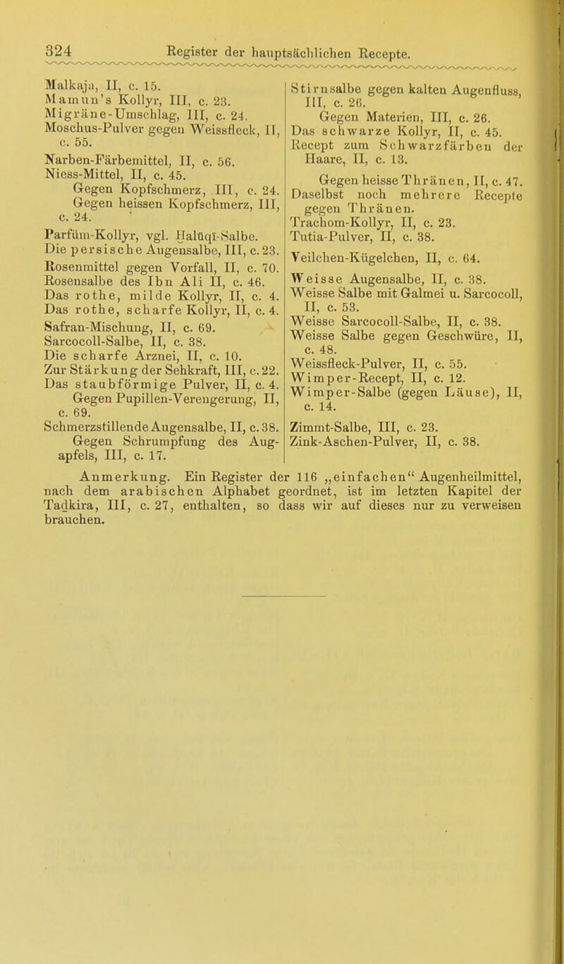 Malkaju, II, c. 15. Mamun's Kollyr, III, c. 23. Migräne-Umschlag, III, c. 24. Moschus-Pulver gegen Weissfleck, 11, c. 55. Narben-Färbernittel, II, c. 56. Niess-Mittel, II, c. 45. Gegen Kopfschmerz, III, c. 24. Gegen heissen Kopfschmerz, HI, c. 24. Parfüm-Kollyr, vgl. Halüqi-Salbe. Die persische Augensalbe, III, c.23. Rosenmittel gegen Vorfall, II, c. 70. Rosensalbe des Ibn Ali II, c. 46. Das rothe, milde Kollyr, II, c. 4. Das rothe, scharfe Kollyr, II, c. 4. Safran-Mischung, II, c. 69. Sarcocoll-Salbe, II, c. 38. Die scharfe Arznei, II, c. 10. Zur Stärkung der Sehkraft, III, c.22. Das staubförmige Pulver, II, c. 4. Gegen Pupillen-Verengerung, II, c. 69. Schmerzstillende Augensalbe, II, c. 38. Gegen Schrumpfung des Aug- apfels, III, c. 17. Anmerkung. Ein Register der 116 „einfachen Augenheilmittel, nach dem arabischen Alphabet geordnet, ist im letzten Kapitel der Tadkira, III, c. 27, enthalten, so dass wir auf dieses nur zu verweisen brauchen. Stirnsalbe gegen kalten Augenfluss, III, c. 26. Gegen Materien, III, c. 26. Das schwarze Kollyr, II, c. 45. Recept zum Schwarzfärben der Haare, II, c. 13. Gegen heisse Thräuen, II, e. 47. Daselbst noch mehrere Recepte gegen Thränen. Trachom-Kollyr, II, c. 23. Tutia-Pulver, H, c. 38. Veilchen-Kügelchen, II, c. 64. Weisse Augensalbe, II, c. 38. Weisse Salbe mit Galmei u. Sarcocoll, II, c. 53. Weisse Sarcocoll-Salbe, II, c. 38. Weisse Salbe gegen Geschwüre, II, c. 48. Weissfleck-Pulver, II, c. 55. Wimper-Recept, II, c. 12. Wimper-Salbe (gegen Läuse), II, c. 14. Zimmt-Salbe, III, c. 23. Zink-Aschen-Pulver, II, c. 38.