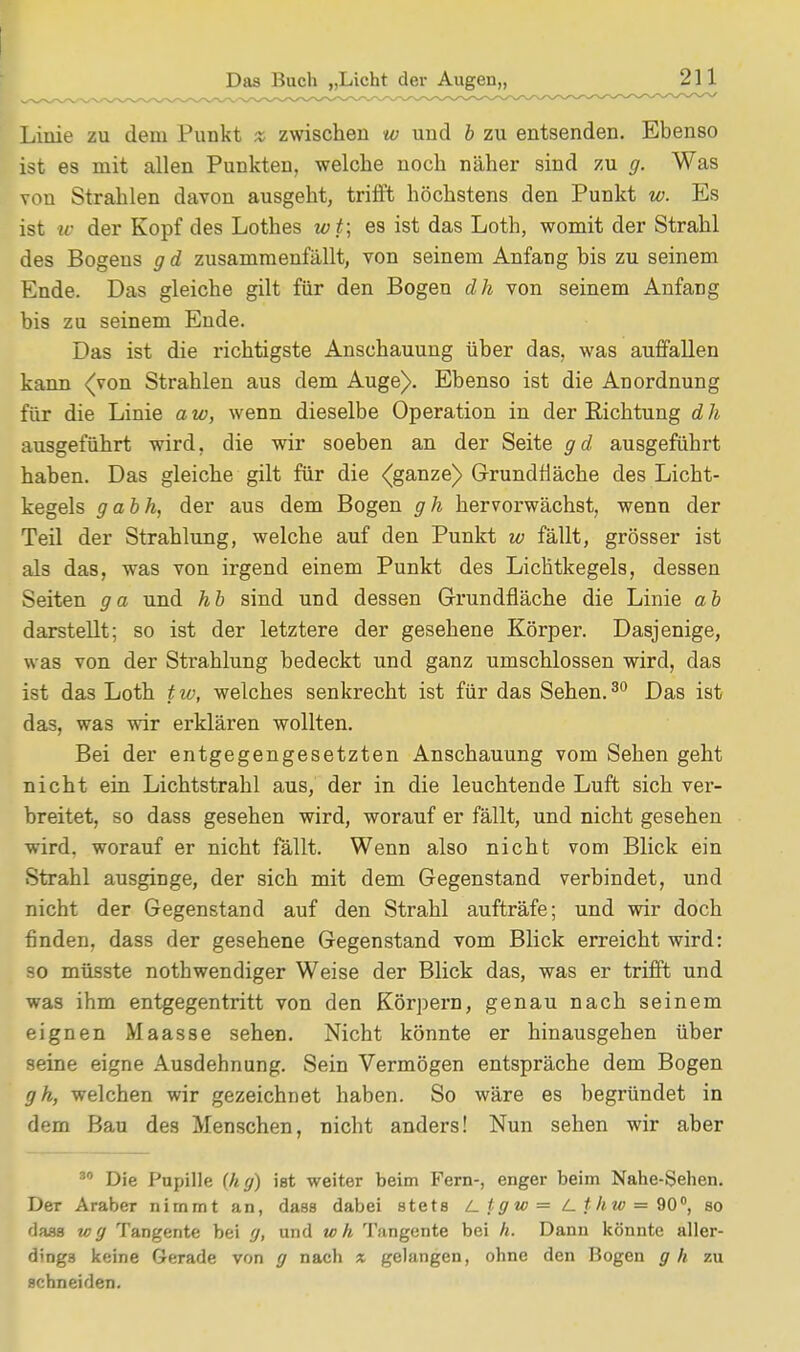Linie zu dem Punkt * zwischen w und b zu entsenden. Ebenso ist es mit allen Punkten, welche noch näher sind zu g. Was von Strahlen davon ausgeht, trifft höchstens den Punkt w. Es ist 10 der Kopf des Lothes wt\ es ist das Loth, womit der Strahl des Bogens g d zusammenfällt, von seinem Anfang bis zu seinem Ende. Das gleiche gilt für den Bogen dh von seinem Anfang bis zu seinem Ende. Das ist die richtigste Anschauung über das, was auffallen kann (von Strahlen aus dem Auge). Ebenso ist die Anordnung für die Linie a w, wenn dieselbe Operation in der Richtung d h ausgeführt wird, die wir soeben an der Seite gd ausgeführt haben. Das gleiche gilt für die (ganze) Grundfläche des Licht- kegels gabh, der aus dem Bogen gh hervorwächst, wenn der Teil der Strahlung, welche auf den Punkt w fällt, grösser ist als das, was von irgend einem Punkt des Lichtkegels, dessen Seiten ga und hb sind und dessen Grundfläche die Linie ab darstellt; so ist der letztere der gesehene Körper. Dasjenige, was von der Strahlung bedeckt und ganz umschlossen wird, das ist das Loth tw, welches senkrecht ist für das Sehen.30 Das ist das, was wir erklären wollten. Bei der entgegengesetzten Anschauung vom Sehen geht nicht ein Lichtstrahl aus, der in die leuchtende Luft sich ver- breitet, so dass gesehen wird, worauf er fällt, und nicht gesehen wird, worauf er nicht fällt. Wenn also nicht vom Blick ein Strahl ausginge, der sich mit dem Gegenstand verbindet, und nicht der Gegenstand auf den Strahl aufträfe; und wir doch finden, dass der gesehene Gegenstand vom Blick erreicht wird: so müsste nothwendiger Weise der Blick das, was er trifft und was ihm entgegentritt von den Körpern, genau nach seinem eignen Maasse sehen. Nicht könnte er hinausgehen über seine eigne Ausdehnung. Sein Vermögen entspräche dem Bogen gh, welchen wir gezeichnet haben. So wäre es begründet in dem Bau des Menschen, nicht anders! Nun sehen wir aber 30 Die Pupille (h g) ist weiter beim Fern-, enger beim Nahe-Sehen. Der Araber nimmt an, dass dabei stets L. i g w = Z.£/iw> = 90°, so dass w g Tangente bei g, und w h Tangente bei h. Dann könnte aller- dings keine Gerade von g nach x gelangen, ohne den Bogen gh zu schneiden.
