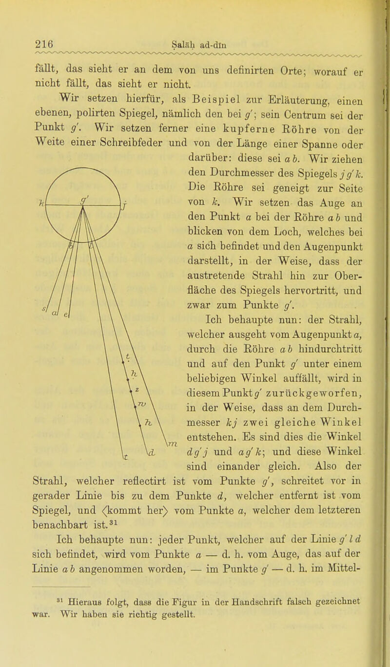 fällt, das sieht er an dem von uns definirten Orte; worauf er nicht fällt, das sieht er nicht. Wir setzen hierfür, als Beispiel zur Erläuterung, einen ebenen, polirten Spiegel, nämlich den bei g'\ sein Centrum sei der Punkt g'. Wir setzen ferner eine kupferne Röhre von der Weite einer Schreibfeder und von der Länge einer Spanne oder darüber: diese sei ab. Wir ziehen den Durchmesser des Spiegels jg'k. Die Röhre sei geneigt zur Seite von k. Wir setzen das Auge an den Punkt a bei der Röhre a b und blicken von dem Loch, welches bei a sich befindet und den Augenpunkt darstellt, in der Weise, dass der austretende Strahl hin zur Ober- fläche des Spiegels hervortritt, und zwar zum Punkte g. Ich behaupte nun: der Strahl, welcher ausgeht vom Augenpunkt a, durch die Röhre ab hindurchtritt und auf den Punkt g unter einem beliebigen Winkel auffällt, wird in diesem Punktg zurückgeworfen, in der Weise, dass an dem Durch- messer kj zwei gleiche Winkel entstehen. Es sind dies die Winkel dg'j und ag'k; und diese Winkel sind einander gleich. Also der Strahl, welcher reflectirt ist vom Punkte g, schreitet vor in gerader Linie bis zu dem Punkte d, welcher entfernt ist vom Spiegel, und <(kommt her) vom Punkte a, welcher dem letzteren benachbart ist.31 Ich behaupte nun: jeder Punkt, welcher auf der Linieg'ld sich befindet, wird vom Punkte a — d. h. vom Auge, das auf der Linie a b angenommen worden, — im Punkte g' — d. h. im Mittel- 81 Hieraus folgt, dass die Figur in der Handschrift falsch gezeichnet war. Wir haben sie richtig gestellt.