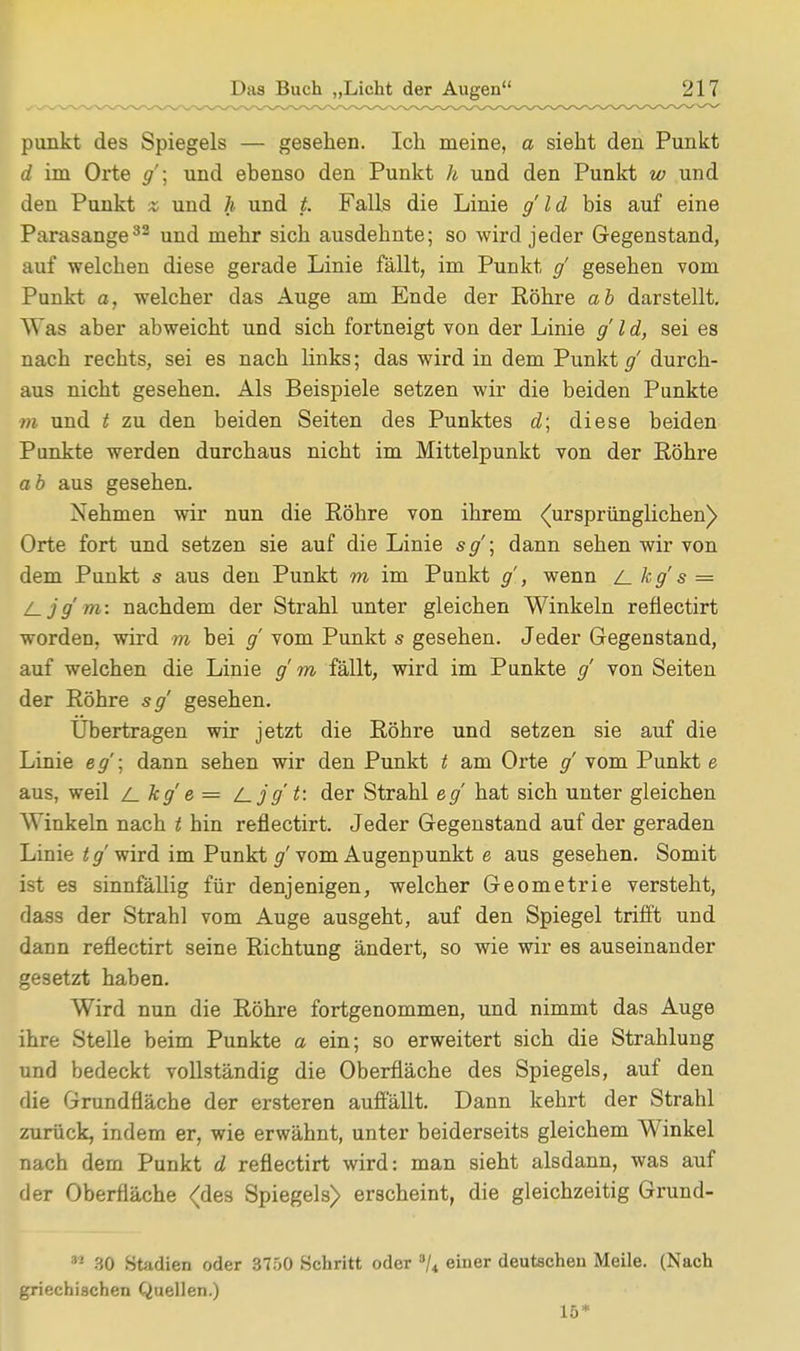 punkt des Spiegels — gesehen. Ich meine, a sieht den Punkt d im Orte g'; und ebenso den Punkt h und den Punkt w und den Punkt % und h und t. Falls die Linie g l d bis auf eine Parasange32 und mehr sich ausdehnte; so wird jeder Gegenstand, auf welchen diese gerade Linie fällt, im Punkt g' gesehen vom Punkt a, welcher das Auge am Ende der Röhre ab darstellt. Was aber abweicht und sich fortneigt von der Linie g' Id, sei es nach rechts, sei es nach links; das wird in dem Punkt g' durch- aus nicht gesehen. Als Beispiele setzen wir die beiden Punkte m und t zu den beiden Seiten des Punktes d\ diese beiden Punkte werden durchaus nicht im Mittelpunkt von der Röhre ab aus gesehen. Nehmen wir nun die Röhre von ihrem ^ursprünglichen) Orte fort und setzen sie auf die Linie sg'; dann sehen wir von dem Punkt s aus den Punkt m im Punkt g , wenn /_ kg's — l_jg'm: nachdem der Strahl unter gleichen Winkeln reflectirt worden, wird m bei g vom Punkt s gesehen. Jeder Gegenstand, auf welchen die Linie gm fällt, wird im Punkte g von Seiten der Röhre sg gesehen. Ubertragen wir jetzt die Röhre und setzen sie auf die Linie e g ; dann sehen wir den Punkt t am Orte g' vom Punkt e aus, weil z_ kg' e = /_jg't: der Strahl eg hat sich unter gleichen Winkeln nach t hin reflectirt. Jeder Gegenstand auf der geraden Linie t g wird im Punkt g' vom Augenpunkt e aus gesehen. Somit ist es sinnfällig für denjenigen, welcher Geometrie versteht, dass der Strahl vom Auge ausgeht, auf den Spiegel trifft und dann reflectirt seine Richtung ändert, so wie wir es auseinander gesetzt haben. Wird nun die Röhre fortgenommen, und nimmt das Auge ihre Stelle beim Punkte o ein; so erweitert sich die Strahlung und bedeckt vollständig die Oberfläche des Spiegels, auf den die Grundfläche der ersteren auflallt. Dann kehrt der Strahl zurück, indem er, wie erwähnt, unter beiderseits gleichem Winkel nach dem Punkt d reflectirt wird: man sieht alsdann, was auf der Oberfläche (des Spiegels) erscheint, die gleichzeitig Grund- 31 30 Stadien oder 3750 Schritt oder 3U eiuer deutschen Meile. (Nach griechischen Quellen.) 15*