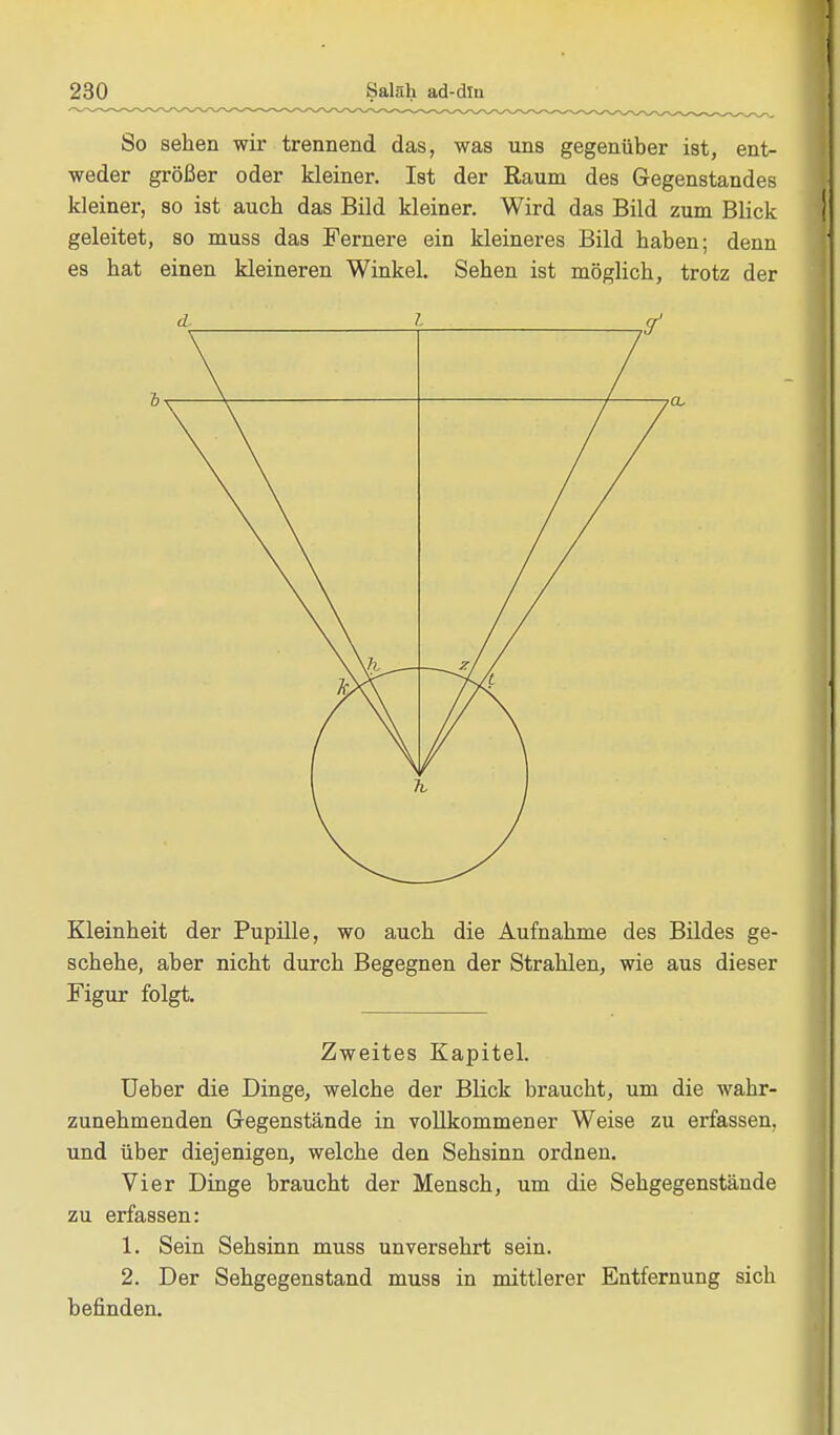 So sehen wir trennend das, was uns gegenüber ist, ent- weder größer oder kleiner. Ist der Raum des Gegenstandes kleiner, so ist auch das Bild kleiner. Wird das Bild zum Blick geleitet, so muss das Fernere ein kleineres Bild haben; denn es hat einen kleineren Winkel. Sehen ist möglich, trotz der Kleinheit der Pupille, wo auch die Aufnahme des Bildes ge- schehe, aber nicht durch Begegnen der Strahlen, wie aus dieser Figur folgt. Zweites Kapitel. Ueber die Dinge, welche der Blick braucht, um die wahr- zunehmenden Gegenstände in vollkommener Weise zu erfassen, und über diejenigen, welche den Sehsinn ordnen. Vier Dinge braucht der Mensch, um die Sehgegenstäude zu erfassen: 1. Sein Sehsinn muss unversehrt sein. 2. Der Sehgegenstand muss in mittlerer Entfernung sich befinden.