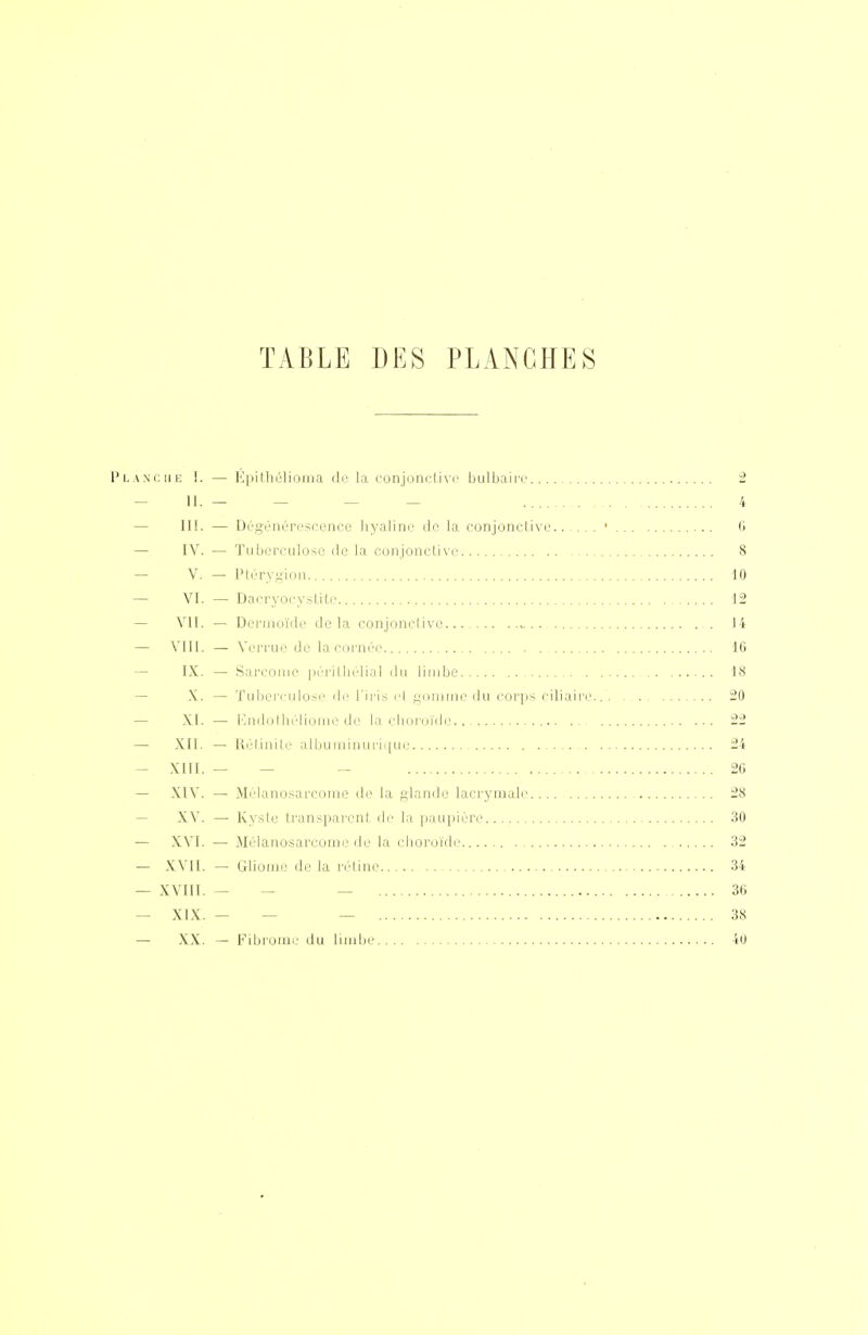 TABLE DES PLANCHES Planche !. — Epitliélioiiia do la l'onjoneliN'c bulbaire -2 — 11. — — — — 4 — IH. — Dégénérescence hyaline de la conjoncUve ' 0 — IV'. — Tuberculose de la conjonctive 8 V. — Ptérygion 10 — VI. — Dacryocyslile 12 — VII. — Dermoïde delà conjonclive 14 — Vlll. — Veri'ui'(le la CDi ni'e . 16 — IX. — Sarcome |iéi'iIiii:'iial ilu limbe 18 — X. — Tuberciilosi' di' l'iris cl i;(imme du corps ciliaii'e.. 20 — XI. — i jidollicliome de la cbuniide. 22 — XII. — Kélinile albuminuriiiuc 24 — XIII. — — - 26 — XIV. — .Mi'lanosarcome de la glande lacrymale 28 — XV. — Kyste transparent de la pauijière 30 — XVI. — Mélanosarconie de la choroïde 32 — XVII. — Gliome de la rétine 34 — XVIII. — - — 36 — XIX. — — — 38