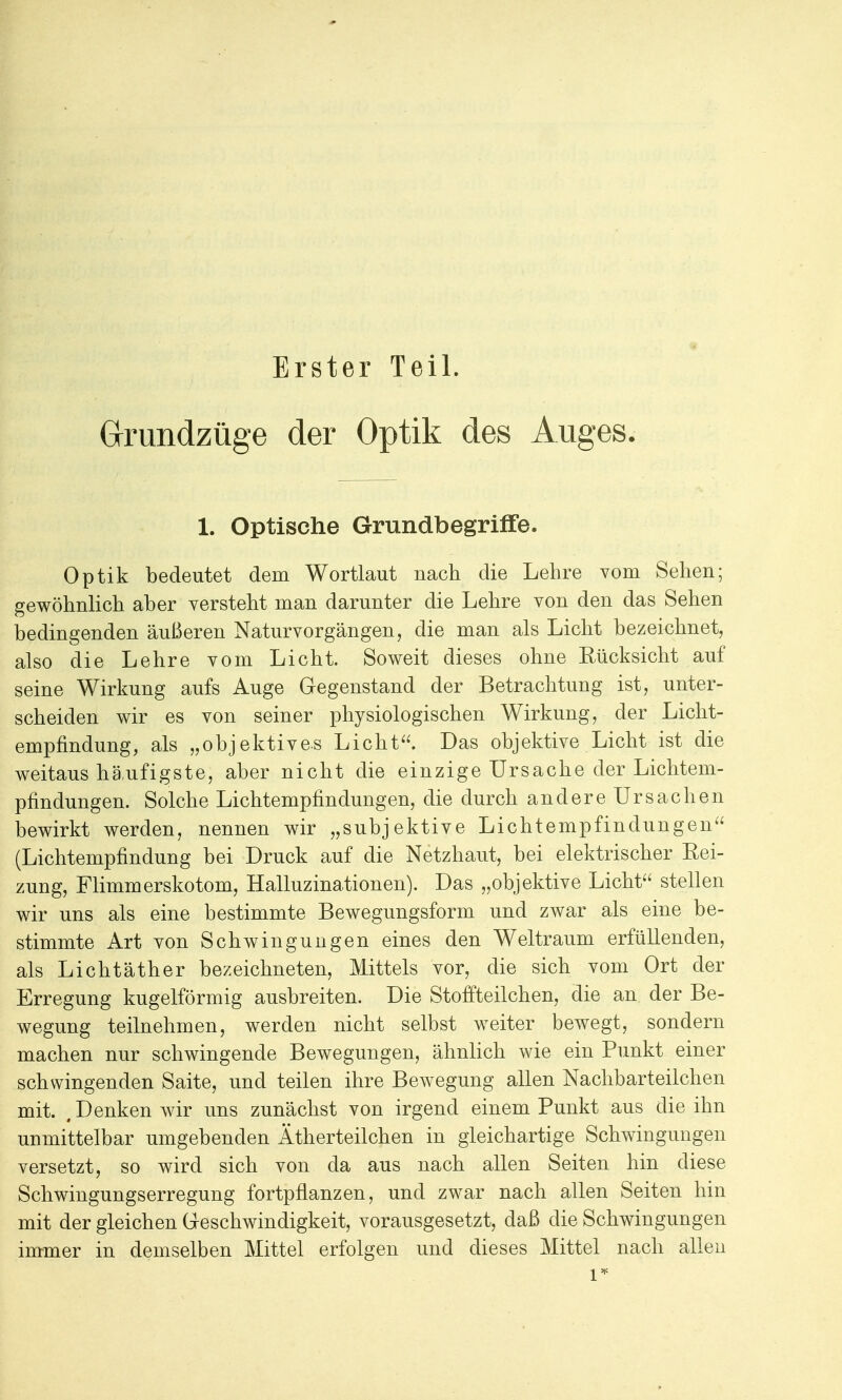 Erster Teil. Grrimdzüge der Optik des Auges. 1. Optische Grundbegriffe. Optik bedeutet dem Wortlaut nach die Lehre vom Sehen; gewöhnlich aber versteht man darunter die Lehre von den das Sehen bedingenden äußeren Naturvorgängen, die man als Licht bezeichnet, also die Lehre vom Licht. Soweit dieses ohne Rücksicht auf seine Wirkung aufs Auge Gegenstand der Betrachtung ist, unter- scheiden wir es von seiner physiologischen Wirkung, der Licht- empfindung, als „objektives Licht. Das objektive Licht ist die weitaus häufigste, aber nicht die einzige Ursache der Lichtem- pfindüngen. Solche Lichtempfindungen, die durch andere Ursachen bewirkt werden, nennen wir „subjektive Lichtempfindungen (Lichtempfindung bei Druck auf die Netzhaut, bei elektrischer Rei- zung, Flimmer Skotom, Halluzinationen). Das „objektive Licht stellen wir uns als eine bestimmte Bewegungsform und zwar als eine be- stimmte Art von Schwingungen eines den Weltraum erfüllenden, als Lichtäther bezeichneten, Mittels vor, die sich vom Ort der Erregung kugelförmig ausbreiten. Die Stoffteilchen, die an der Be- wegung teilnehmen, werden nicht selbst weiter bewegt, sondern machen nur schwingende Bewegungen, ähnlich wie ein Punkt einer schwingenden Saite, und teilen ihre Bewegung allen Nachbarteilchen mit. , Denken wir uns zunächst von irgend einem Punkt aus die ihn unmittelbar umgebenden Ätherteilchen in gleichartige Schwingungen versetzt, so wird sich von da aus nach allen Seiten hin diese Schwingungserregung fortpflanzen, und zwar nach allen Seiten hin mit der gleichen Geschwindigkeit, vorausgesetzt, daß die Schwingungen immer in demselben Mittel erfolgen und dieses Mittel nach allen 1*