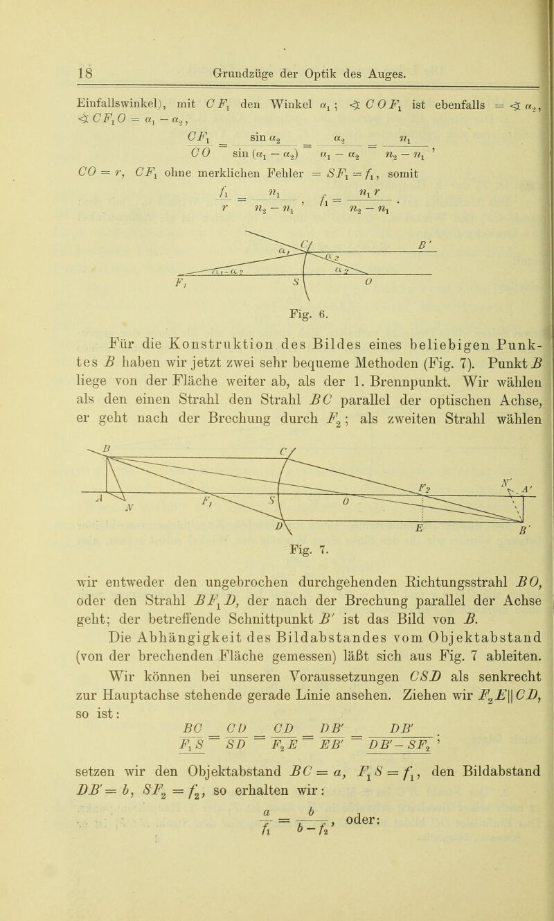 Einfallswinkel), mit G Fx den Winkel at ; <$ G0 Fx ist ebenfalls = <3 cd ^iCF.O = a, - a,, GFt _ sin of2 a2 «x (7 0 sin (04 — a2) — or2 w2 — % ' CO = r, CFl ohne merklichen Fehler = SFt = fx, somit fi = wx «t r r ??2 — w4 ' 1 %2 — s 1 Fig. 6. Für die Konstruktion des Bildes eines beliebigen Punk- tes i? haben wir jetzt zwei sehr bequeme Methoden (Fig. 7). Punkt i? liege von der Fläche weiter ab, als der 1. Brennpunkt. Wir wählen als den einen Strahl den Strahl BC parallel der optischen Achse, er geht nach der Brechung durch F2; als zweiten Strahl wählen Fig. 7. wir entweder den ungebrochen durchgehenden Richtungsstrahl BO, Oder den Strahl BF1D, der nach der Brechung parallel der Achse geht; der betreffende Schnittpunkt B' ist das Bild von B. Die Abhängigkeit des Bildabstandes vom Objektabstand (von der brechenden Fläche gemessen) läßt sich aus Fig. 7 ableiten. Wir können bei unseren Voraussetzungen CSD als senkrecht zur Hauptachse stehende gerade Linie ansehen. Ziehen wir F2E\\CD, so ist: BC_ _ GJJ^ __ GD^ _ DB' _ DB' FtS ~~ SD ~~ F2F~ EB' ~ DB'- SF2 ' setzen wir den Objektabstand BC = a, FYS = fx, den Bildabstand DB' = b, SF2 = f2, so erhalten wir : a b 1