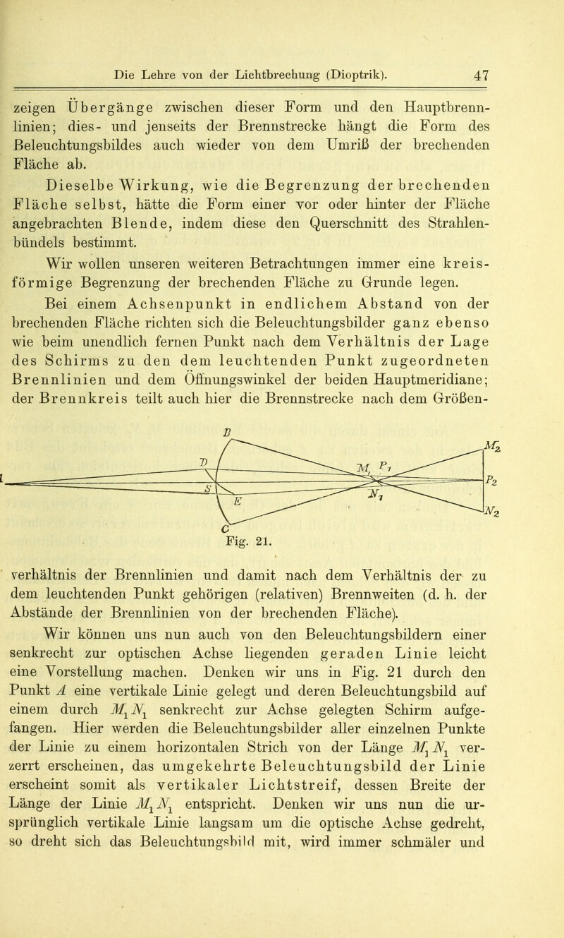 zeigen Übergänge zwischen dieser Form und den Hauptbrenn- linien; dies- und jenseits der Brennstrecke hängt die Form des Beleuchtungsbildes auch wieder von dem Umriß der brechenden Fläche ab. Dieselbe Wirkung, wie die Begrenzung derbrechenden Fläche selbst, hätte die Form einer vor oder hinter der Fläche angebrachten Blende, indem diese den Querschnitt des Strahlen- bündels bestimmt. Wir wollen unseren weiteren Betrachtungen immer eine kreis- förmige Begrenzung der brechenden Fläche zu Grunde legen. Bei einem Achsenpunkt in endlichem Abstand von der brechenden Fläche richten sich die Beleuchtungsbilder ganz ebenso wie beim unendlich fernen Punkt nach dem Verhältnis der Lage des Schirms zu den dem leuchtenden Punkt zugeordneten Brennlinien und dem Öffnungswinkel der beiden Hauptmeridiane; der Brennkreis teilt auch hier die Brennstrecke nach dem Größen- B — _ V E 0 Fig. 21. Verhältnis der Brennlinien und damit nach dem Verhältnis der zu dem leuchtenden Punkt gehörigen (relativen) Brennweiten (d. h. der Abstände der Brennlinien von der brechenden Fläche). Wir können uns nun auch von den Beleuchtungsbildern einer senkrecht zur optischen Achse liegenden geraden Linie leicht eine Vorstellung machen. Denken wir uns in Fig. 21 durch den Punkt A eine vertikale Linie gelegt und deren Beleuchtungsbild auf einem durch M^NX senkrecht zur Achse gelegten Schirm aufge- fangen. Hier werden die Beleuchtungsbilder aller einzelnen Punkte der Linie zu einem horizontalen Strich von der Länge MlN1 ver- zerrt erscheinen, das umgekehrte Beleuchtungsbild der Linie erscheint somit als vertikaler Lichtstreif, dessen Breite der Länge der Linie MXNX entspricht. Denken wir uns nun die ur- sprünglich vertikale Linie langsam um die optische Achse gedreht, so dreht sich das Beleuchtungsbild mit, wird immer schmäler und