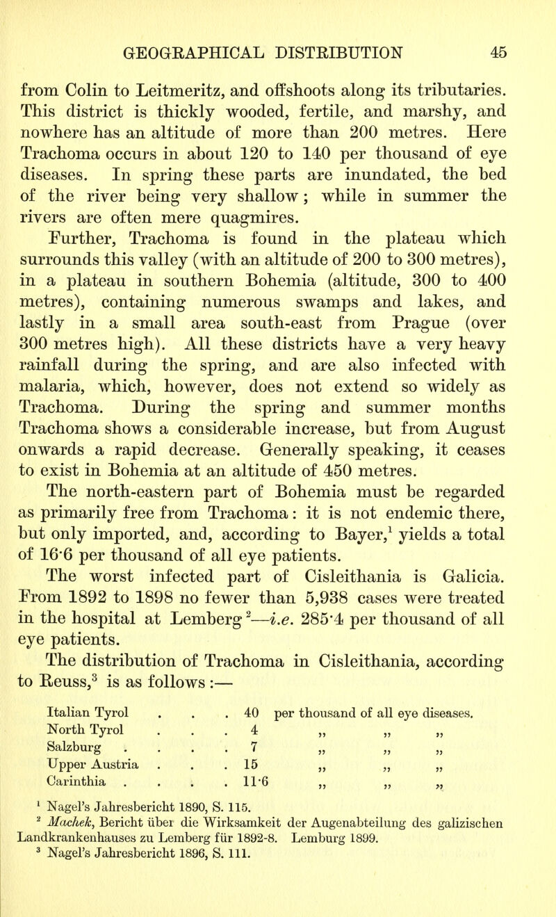 from Colin to Leitmeritz, and offshoots along its tributaries. This district is thickly wooded, fertile, and marshy, and nowhere has an altitude of more than 200 metres. Here Trachoma occurs in about 120 to 140 per thousand of eye diseases. In spring these parts are inundated, the bed of the river being very shallow; while in summer the rivers are often mere quagmires. Eurther, Trachoma is found in the plateau which surrounds this valley (with an altitude of 200 to 300 metres), in a plateau in southern Bohemia (altitude, 300 to 400 metres), containing numerous swamps and lakes, and lastly in a small area south-east from Prague (over 300 metres high). All these districts have a very heavy rainfall during the spring, and are also infected with malaria, which, however, does not extend so widely as Trachoma. During the spring and summer months Trachoma shows a considerable increase, but from August onwards a rapid decrease. Generally speaking, it ceases to exist in Bohemia at an altitude of 450 metres. The north-eastern part of Bohemia must be regarded as primarily free from Trachoma: it is not endemic there, but only imported, and, according to Bayer,1 yields a total of 16*6 per thousand of all eye patients. The worst infected part of Cisleithania is Galicia. Erom 1892 to 1898 no fewer than 5,938 cases were treated in the hospital at Lemberg2—i.e. 285*4 per thousand of all eye patients. The distribution of Trachoma in Cisleithania, according to Reuss,3 is as follows :— Italian Tyrol North Tyrol Salzburg Upper Austria Carinthia 40 per thousand of all eye diseases. 4 7 ' 55 55 55 1 5 XU 55 55 55 1 Nagel's Jahresbericht 1890, S. 115. 2 Machek, Bericht iiber die Wirksamkeit der Augenabteilung des galizischen Landkrankenhauses zu Lemberg fur 1892-8. Lemburg 1899. 3 Nagel's Jahresbericht 1896, S. 111.