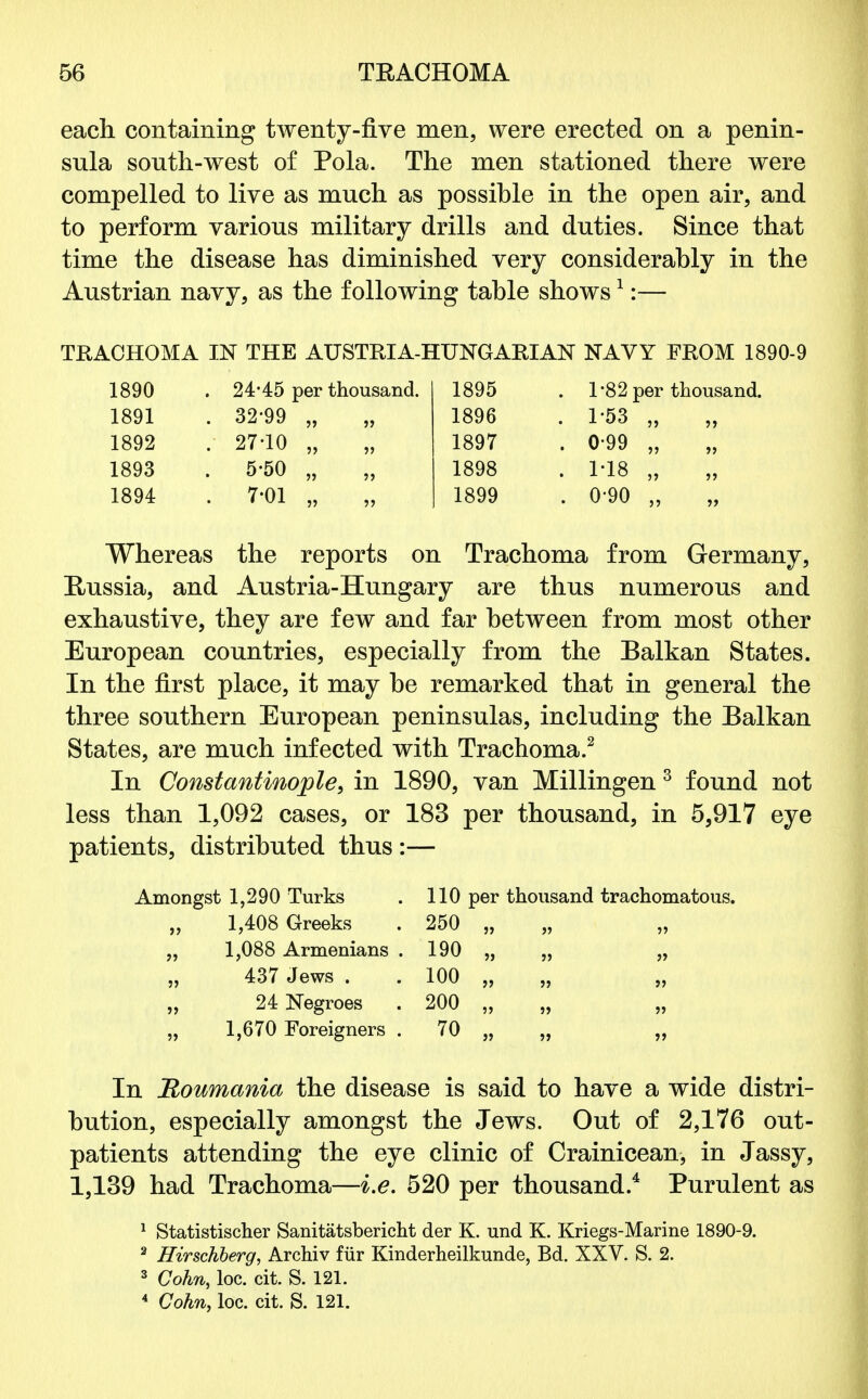 each containing twenty-five men, were erected on a penin- sula south-west of Pola. The men stationed there were compelled to live as much as possible in the open air, and to perform various military drills and duties. Since that time the disease has diminished very considerably in the Austrian navy, as the following table shows1:— TRACHOMA IN THE AUSTRIA-HUNGARIAN NAVY FROM 1890-9 1890 . 24-45 per thousand. 1895 1 82 per thousand. 1891 . 32-99 „ 1896 1*53 ,, 1892 . 27-10 „ ?> 1897 . 0-99 „ 1893 . 5-50 „ 1898 • M8 „ 1894 . 7-01 „ •)•> 1899 . 0-90 „ Whereas the reports on Trachoma from Germany, Hussia, and Austria-Hungary are thus numerous and exhaustive, they are few and far between from most other European countries, especially from the Balkan States. In the first place, it may be remarked that in general the three southern European peninsulas, including the Balkan States, are much infected with Trachoma.2 In Constantinople, in 1890, van Millingen 3 found not less than 1,092 cases, or 183 per thousand, in 5,917 eye patients, distributed thus :— Amongst 1,290 Turks . 110 per thousand trachomatous. 1,408 Greeks . 250 „ „ 1,088 Armenians . 190 „ „ „ „ 437 Jews . . 100 „ „ „ „ 24 Negroes . 200 „ „ „ „ 1,670 Foreigners 70 „ „ „ In Roumania the disease is said to have a wide distri- bution, especially amongst the Jews. Out of 2,176 out- patients attending the eye clinic of Crainicean, in Jassy, 1,139 had Trachoma—i.e. 520 per thousand.4 Purulent as 1 Statistischer Sanitatsbericht der K. und K. Kriegs-Marine 1890-9. 2 Hirschberg, Archiv fiir Kinderheilkunde, Bd. XXV. S. 2. 3 Cohn, loc. cit. S. 121. 4 Cohn, loc. cit. S. 121.