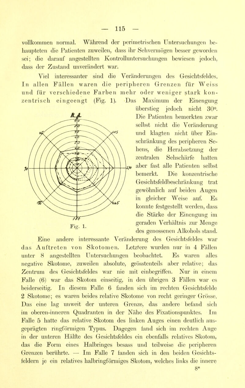 vollkommen normal. Während der perimetrischen Untersuchungen be- haupteten die Patienten zuweilen, dass ihr Sehvermögen besser geworden sei; die darauf angestellten Kontrolluntersuchungen bewiesen jedoch, dass der Zustand unverändert war. Viel interessanter sind die Veränderungen des Gesichtsfeldes. In allen Fällen waren die peripheren Grenzen für Weiss und für verschiedene Farben mehr oder weniger stark kon- zentrisch eingeengt (Fig. 1). Das Maximum der Einengung überstieg jedoch nicht 30°. Die Patienten bemerkten zwar selbst nicht die Veränderung und klagten nicht über Ein- schränkung des peripheren Se- hens, die Herabsetzung der zentralen Sehschärfe hatten aber fast alle Patienten selbst bemerkt. Die konzentrische Gesichtsfeldbeschränkung trat gewöhnlich auf beiden Augen in gleicher Weise auf. Es konnte festgestellt werden, dass die Stärke der Einengung im geraden Verhältnis zur Menge des genossenen Alkohols stand. Eine andere interessante Veränderung des Gesichtsfeldes war das Auftreten von Skotomen. Letztere wurden nur in 4 Fällen unter 8 angestellten Untersuchungen beobachtet. Es waren alles negative Skotome, zuweilen absolute, grösstenteils aber relative; das Zentrum des Gesichtsfeldes war nie mit einbegriffen. Nm- in einem Falle (6) war das Skotom einseitig, in den übrigen 3 Fällen war es beiderseitig. In diesem Falle 6 fanden sich im rechten Gesichtsfelde 2 Skotome; es waren beides relative Skotome von recht geringer Grösse. Das eine lag unweit der unteren Grenze, das andere befand sich im oberen-inneren Quadranten in der Nähe des Fixationspunktes. Im Falle 5 hatte das relative Skotom des hnken Auges einen deutlich aus- geprägten ringförmigen Typus. Dagegen fand sich im rechten Auge in der unteren Hälfte des Gesichtsfeldes ein ebenfalls relatives Skotom, das die Form eines Halbringes besass und teilweise die peripheren Grenzen berührte. — Im Falle 7 fanden sich in den beiden Gesichts- feldern je ein relatives halbringfönniges Skotom, welches Hnks die innere 8*