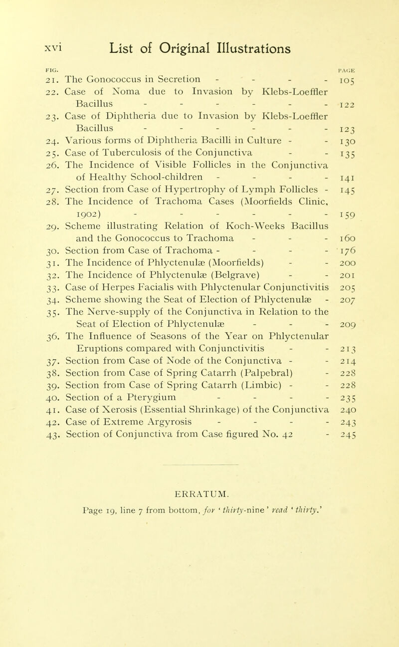 FIG. PACK 21. The Gonococcus in Secretion - - - - 105 22. Case of Noma due to Invasion by Klebs-Loeffler Bacillus - - - - - -122 23. Case of Diphtheria due to Invasion by Klebs-Loeffler Bacillus - - - - - -123 24. Various forms of Diphtheria Bacilli in Culture - - 130 25. Case of Tuberculosis of the Conjunctiva - - I35 26. The Incidence of Visible Follicles in the Conjunctiva of Healthy School-children - - - - 141 27. Section from Case of Hypertrophy of Lymph Follicles - 145 28. The Incidence of Trachoma Cases (Moorfields Clinic, 1902) - - - - - - 159 29. Scheme illustrating Relation of Koch-Weeks Bacillus and the Gonococcus to Trachoma - - - 160 30. Section from Case of Trachoma - - - - 176 31. The Incidence of Phlyctenulae (Moorfields) - - 200 32. The Incidence of Phlyctenulae (Belgrave) - - 201 33. Case of Herpes Facialis with Phlyctenular Conjunctivitis 205 34. Scheme showing the Seat of Election of Phlyctenulae - 207 35. The Nerve-supply of the Conjunctiva in Relation to the Seat of Election of Phlyctenulae _ _ _ 209 36. The Influence of Seasons of the Year on Phlyctenular Eruptions compared with Conjunctivitis - - 213 37. Section from Case of Node of the Conjunctiva - - 214 38. Section from Case of Spring Catarrh (Palpebral) - 228 39. Section from Case of Spring Catarrh (Limbic) - - 228 40. Section of a Pterygium - - - - 235 41. Case of Xerosis (Essential Shrinkage) of the Conjunctiva 240 42. Case of Extreme Argyrosis _ _ _ _ 243 43. Section of Conjunctiva from Case figured No. 42 - 245 ERRATUM. Page ig, line 7 from bottom, for ' thirty-mne ' read ' thirty.