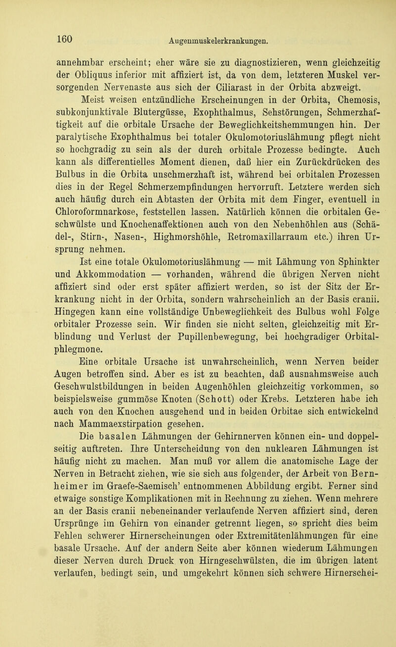 A u gemiiusk elerkr anklingen. annehmbar erseheint; eher wäre sie zu diagnostizieren, wenn gleichzeitig der Obliquus inferior mit affiziert ist, da von dem, letzteren Muskel ver- sorgenden Nervenaste aus sich der Ciliarast in der Orbita abzweigt. Meist weisen entzündliche Erscheinungen in der Orbita, Chemosis, subkonjunktivale Blutergüsse, Exophthalmus, Sehstörungen, Schmerzhaf- tigkeit auf die orbitale Ursache der Beweglichkeitshemmungen hin. Der paralytische Exophthalmus bei totaler Okulomotoriuslähmung pflegt nicht so hochgradig zu sein als der durch orbitale Prozesse bedingte. Auch kann als differentielles Moment dienen, daß hier ein Zurückdrücken des Bulbus in die Orbita unschmerzhaft ist, während bei orbitalen Prozessen dies in der Kegel Schmerzempfindungen hervorruft. Letztere werden sich auch häufig durch ein Abtasten der Orbita mit dem Finger, eventuell in Chloroformnarkose, feststellen lassen. Natürlich können die orbitalen Ge- schwülste und Knochenaffektionen auch von den Nebenhöhlen aus (Schä- del-, Stirn-, Nasen-, Highmorshöhle, Ketromaxillarraum etc.) ihren Ur- sprung nehmen. Ist eine totale Okulomotoriuslähmung — mit Lähmung von Sphinkter und Akkommodation — vorhanden, während die übrigen Nerven nicht affiziert sind oder erst später affiziert werden, so ist der Sitz der Er- krankung nicht in der Orbita, sondern wahrscheinlich an der Basis cranii. Hingegen kann eine vollständige Unbeweglichkeit des Bulbus wohl Folge orbitaler Prozesse sein. Wir finden sie nicht selten, gleichzeitig mit Er- blindung und Verlust der Pupillenbewegung, bei hochgradiger Orbital- phlegmone. Eine orbitale Ursache ist unwahrscheinlich, wenn Nerven beider Augen betroffen sind. Aber es ist zu beachten, daß ausnahmsweise auch Geschwulstbildungen in beiden Augenhöhlen gleichzeitig vorkommen, so beispielsweise gummöse Knoten (Schott) oder Krebs. Letzteren habe ich auch von den Knochen ausgehend und in beiden Orbitae sich entwickelnd nach Mammaexstirpation gesehen. Die basalen Lähmungen der Gehirnnerven können ein- und doppel- seitig auftreten. Ihre Unterscheidung von den nuklearen Lähmungen ist häufig nicht zu machen. Man muß vor allem die anatomische Lage der Nerven in Betracht ziehen, wie sie sich aus folgender, der Arbeit von Bern- heim er im Graefe-Saemisch' entnommenen Abbildung ergibt. Ferner sind etwaige sonstige Komplikationen mit in Bechnung zu ziehen. Wenn mehrere an der Basis cranii nebeneinander verlaufende Nerven affiziert sind, deren Ursprünge im Gehirn von einander getrennt liegen, so spricht dies beim Fehlen schwerer Hirnerscheinungen oder Extremitätenlähmungen für eine basale Ursache. Auf der andern Seite aber können wiederum Lähmungen dieser Nerven durch Druck von Hirngeschwülsten, die im übrigen latent verlaufen, bedingt sein, und umgekehrt können sich schwere Hirnerschei-