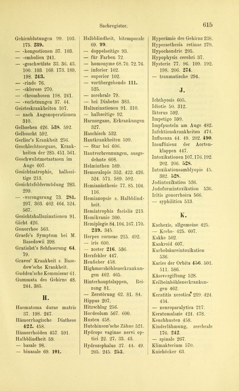Gehirnblutungen 99. 103. 175. 239. kongestionen 37. 103. — -embolien 241. geschwülste 33. 36. 43. 100. 103. 168. 173. 189. 198. 243. rinde 76. sklerose 270. thrombosen 198. 241. Verletzungen 37. 44. Geisteskrankheiten 307. — nach Augenoperationen 310. Gelbsehen 426. 538. 592. Gelbsucht 592. Gerlier's Krankheit 256. Geschlechtsorgane, Krank- heiten der 285.451.561. Geschwulstinetastasen im Auge 607. Gesichtsatrophie, halbsei- tige 213. Gesichtsfeldermüdung 283. 299. Verengerung 73. 281. 297. 303. 462. 464. 524. 567. Gesichtshalluzinationen 91. Gicht 426. Gonorrhoe 563. Graefe's Symptom bei M. Basedowii 398. Gratiolet's Sehfaserung 64. 79. Graves' Krankheit s. Base- dow'sche Krankheit. Gudden'sche Kommissur 61. Gummata des Gehirns 48. 244. 385. H. Haematoma durae matris 37. 198. 247. Hämorrhagische Diathese 422. 458. Hämorrhoiden 457. 591. Halbblindheit 59. — basale 98. — binasale 69. 101. Halbblindheit, bitemporale 69. 99. — doppelseitige 93. — für Farben 72. — homonyme 68.70. 72.76. — inferior 102. — superior 102. — vorübergehende 111. 525. — zerebrale 79. — bei Diabetes 383. Halluzinationen 91. 310. — halbseitige 92. Harnorgane, Erkrankungen 327. Haschisch 532. Hautkrankheiten 599. — Star bei 606. Hautverbrennungen, ausge- dehnte 608. Helminthen 589. Hemeralopie 352. 422. 426. 524. 571. 589. 592. Hemianästhesie 77. 85.104. 116. Hemianopsie s. Halbblind- heit. Hemiatrophia facialis 213. Hemikranie 300. Hemiplegie 84.104.167.170. 239. 345. Herpes corneae 215. 492. — iris 600. — zoster 216. 536. Herzfehler 447. Heufieber 458. Highmorshöhlenerkrankun- gen 462. 465- Hinterhauptslappen, Rei- zung 81. — Zerstörung 62. 81. 84. Hippus 207. Hitzschlag 256. Hordeolum 567. 600. Husten 458. Hutchinson'sche Zähne 521. Hydrops vaginae nervi op- tici 22. 27. 33. 43. Hydrozephalus 37. 44. 49. 205. 245. 253. Hyperämie des Gehirns 238. Hyperaethesia retinae 279. Hypochondrie 295. Hypophysis cerebri 37. Hysterie 77. 96. 109. 192. 198. 206. 274. — traumatische 294. J. Ichthyosis 605. Idiotie 50. 312. Ikterus 592. Impetigo 599. Impfpusteln am Auge 482. Infektionskrankheiten 474. Influenza 44. 49. 202. 490. Insuffizienz der Aorten- klappen 447. Intoxikationen 107.176.192. 202. 206. 528. Intoxikationsamblyopie 45. 382. 528. Jodintoxikation 536. Jodoformintoxikation 536. Iritis gonorrhoica 566. — syphilitica 513. K. Kachexie, allgemeine 425. — Krebs- 425. 607. Kakke 502. Kankroid 607. Karbolsäureintoxikation 536. Karies der Orbita 456. 501. 511. 586. Käsevergiftung 528. Keil beinh öhlen erkrankün- gen 462. Keratitis xerotica* 219. 424. 434. — neuroparalytica 217. Keratomalazie 424. 478. Keuchhusten 458. Kinderlähmung, zerebrale 176. 242. — spinale 267. Klimakterium 57U. Kniehöcker 63.