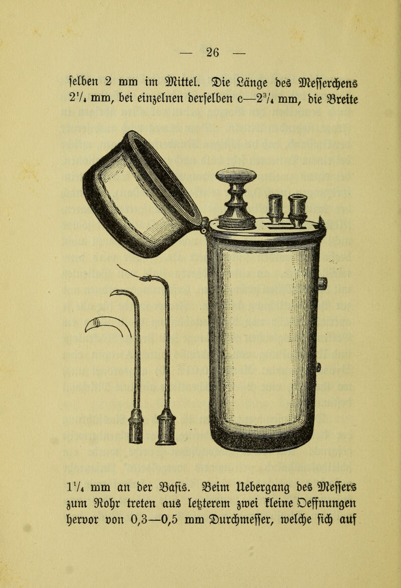 17* mm an ber Safte. 33etm Uebergang be§ 9tteffer§ jum 3io^r treten aus legerem jtt)ei Keine Deffnungen Ijertwr t>on 0,3—0,5 mm ©uräjmeffer, roeldje fidj auf