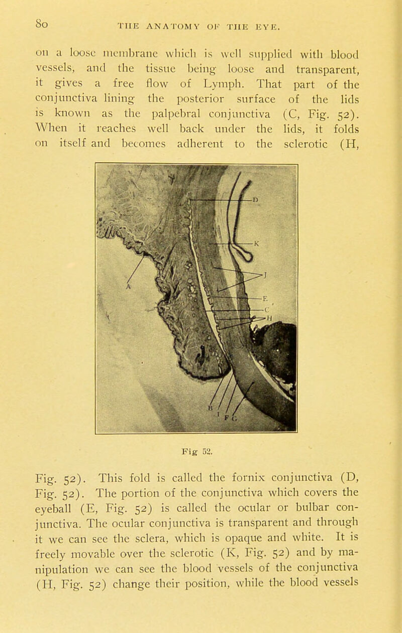 So Oil a loose iiic-iiibranc vvhicli is well supplied with blood vessels, and the tissue being loose and transparent, it gives a free flow of Lymph. That part of the conjunctiva lining the posterior surface of the lids is known as the palpebral conjunctiva (C, Fig. 52). When it reaches well back under the lids, it folds on itself and becomes adherent to the sclerotic (H, Fig 52. Fig. 52). This fold is called the fornix conjunctiva (D, Fig. 52). The portion of the conjunctiva which covers the eyeball (E, Fig. 52) is called the ocular or bulbar con- junctiva. The ocular conjunctiva is transparent and through it we can see the sclera, which is opaque and white. It is freely movable over the sclerotic (K, Fig. 52) and by ma- nipulation we can see the blood vessels of the conjunctiva (H, Fig. 52) change their position, while the blood vessels