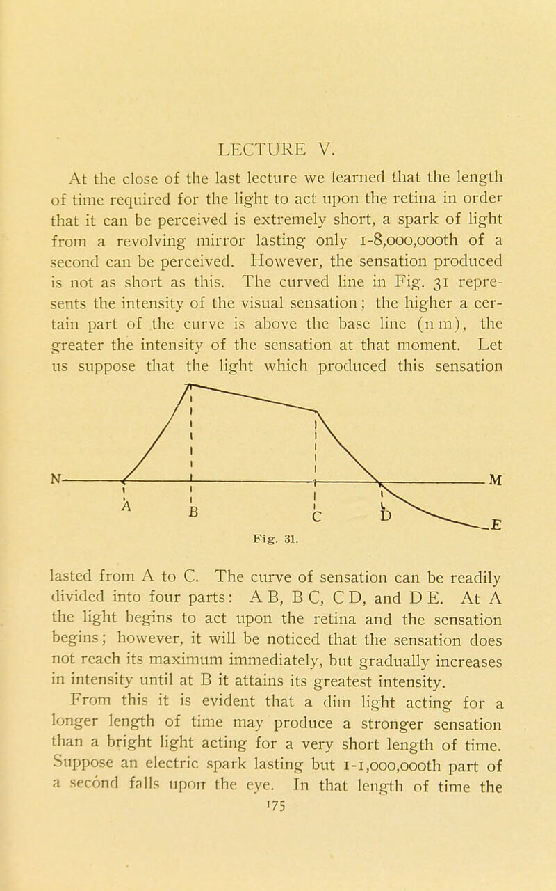 LECTURE V. At the close of the last lecture we learned that the length of time required for the light to act upon the retina in order that it can be perceived is extremely short, a spark of light from a revolving mirror lasting only l-8,ooo,oooth of a second can be perceived. However, the sensation produced is not as short as this. The curved line in Fig. 31 repre- sents the intensity of the visual sensation; the higher a cer- tain part of the curve is above the base line (nm), the greater the intensity of the sensation at that moment. Let us suppose that the light which produced this sensation Fig. 31. lasted from A to C. The curve of sensation can be readily divided into four parts: A B, B C, C D, and D E. At A the light begins to act upon the retina and the sensation begins; however, it will be noticed that the sensation does not reach its maximum immediately, but gradually increases in intensity until at B it attains its greatest intensity. From this it is evident that a dim light acting for a longer length of time may produce a stronger sensation than a bright light acting for a very short length of time. Suppose an electric spark lasting but i-i,ooo,oooth part of a second falls upon the eye. In that length of time the