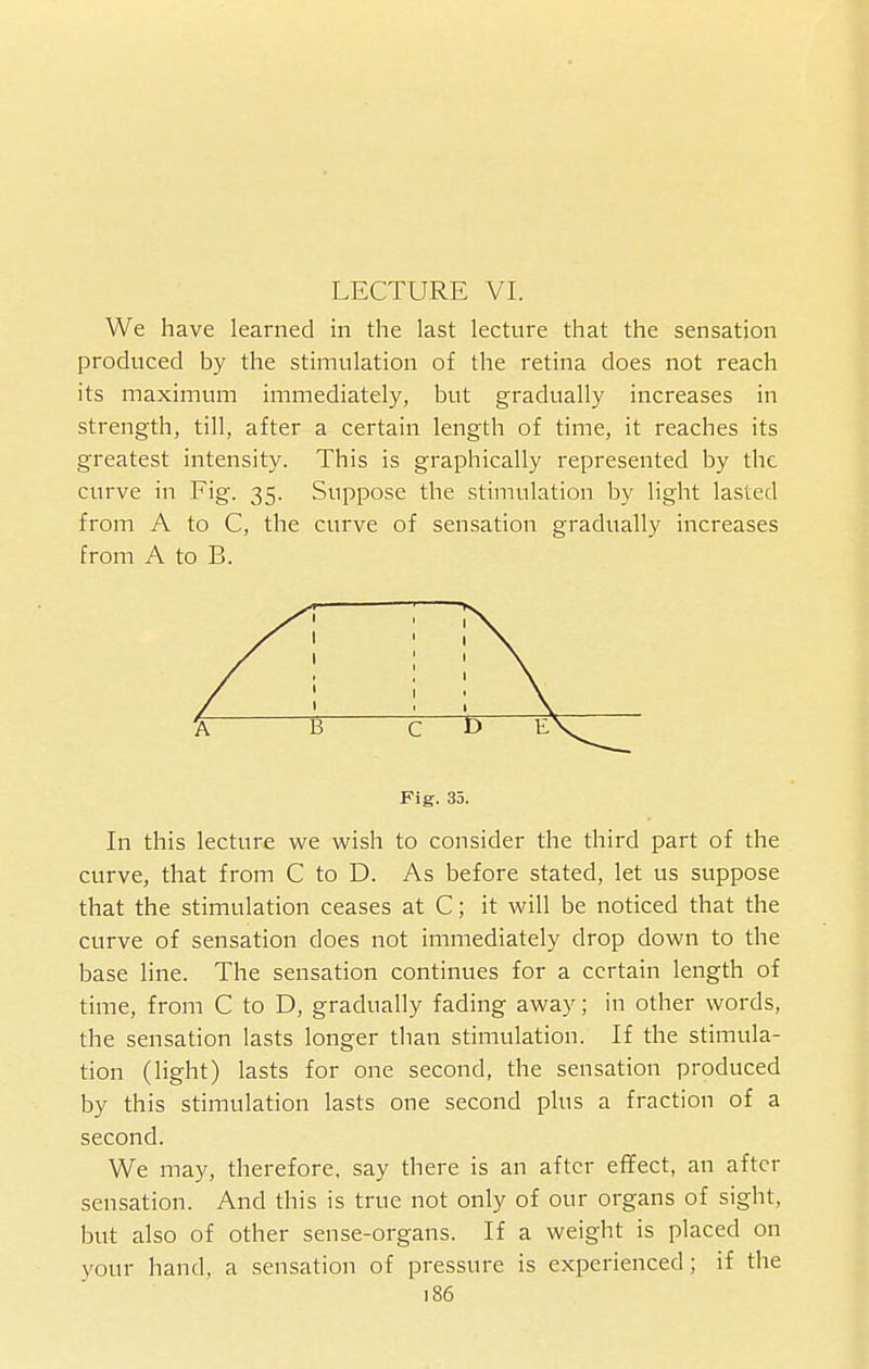 LECTURE VI. We have learned in the last lecture that the sensation produced by the stimulation of the retina does not reach its maximum immediately, but gradually increases in strength, till, after a certain length of time, it reaches its greatest intensity. This is graphically represented by the curve in Fig. 35. Suppose the stimulation by light lasted from A to C, the curve of sensation gradually increases from A to B. Fig. 35. In this lecture we wish to consider the third part of the curve, that from C to D. As before stated, let us suppose that the stimulation ceases at C; it will be noticed that the curve of sensation does not immediately drop down to the base line. The sensation continues for a certain length of time, from C to D, gradually fading away; in other words, the sensation lasts longer than stimulation. If the stimula- tion (light) lasts for one second, the sensation produced by this stimulation lasts one second plus a fraction of a second. We may, therefore, say there is an after effect, an after sensation. And this is true not only of our organs of sight, but also of other sense-organs. If a weight is placed on your hand, a sensation of pressure is experienced; if the