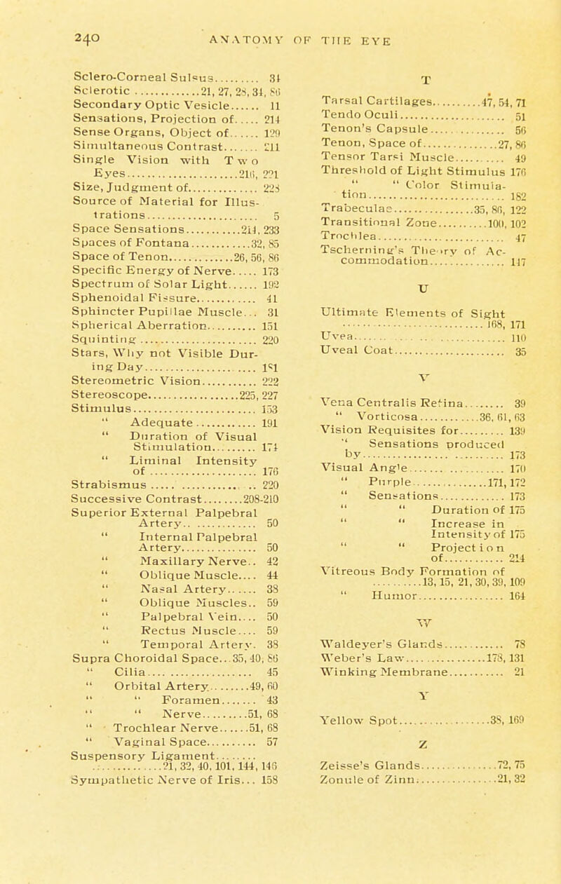 Sclero-Corneal Sulsus 31 Sclerotic 21, 27, 2S, 3i, 5t> Secondary Optic Vesicle 11 Sensations, Projection of 2U Sense Organs, Oljject of 129 Simultaneous Contrast ;;il Single Vision with Two Eyes 2111, 2?1 Size, Judgment of Source of Material for Illus- trations 5 Space Sensations 2il, 233 Spaces of Fontana 32, 85 Space of Tenon 26, 56, 86 Specific Energy of Nerve 173 Spectrum of Solar Light 192 Sphenoidal Fissure 41 Sphincter Pupiilae Muscle... 31 Spherical Aberration 151 Squinting 220 Stars, Why not Visible Dur- ing Day .... l<;i Stereometric Vision 222 Stereoscope 225, 227 Stimulus 153  Adequate 191  Duration of Visual Stiiimlation 171  Liminal Intensity of 170 Strabismus , .. 220 Successive Contrast 208-210 Superior External Palpebral Artery 50  Internal Palpebral Artery 50  Maxillary Nerve.. 42  Oblique Muscle 44 Nasal Artery 38  Oblique Muscles.. 59  Palpebral Vein 50  Rectus Muscle 59 Temporal Artery. 38 Supra Choroidal Space. . 35, 40, S6 Cilia 45 Orbital Artery. 49,60   Foramen 43  Nerve 51, 68  Trochlear Nerve 51, 68  Vaginal Space 57 Suspensory Ligament .; 21,32, 40.101,144,143 Sympathetic Nerve of Iris... 158 T Tarsal Cartilages 47, 54, 71 TendoOculi 51 Tenon's Capsule 56 Tenon, Space of 27, 86 Tensor Tar=i Muscle 49 Threshold of Light Stimulus 170   Color Stimula- tion Ig9 Trabeculao 35, SR, 122 Transitional Zone 100,102 Trochlea 47 Tscherning's The irv of Ac- commodation 117 TJ Ultimate Rlements of Sight 168, 171 Uvea 110 Uveal Coat 35 y Vena Centralis Refina 39  Vorticosa 36.61,63 Vision Requisites for 139 '' Sensations produced by 173 Visual Angle 17(1 Purple 171,172  Sensations 173   Duration of 175   Increase in Intensity of 175   Projection of 214 Vitreous Body Formation of 13,15, 21,30,39,109  Humor 164 TV W'aldeyer's Glands 78 Weber's Law 173,131 Winking Membrane 21 Y Yellow Spot 3S, 169 Z Zeisse's Glands 72,75 Zonule of Zinn 21,32