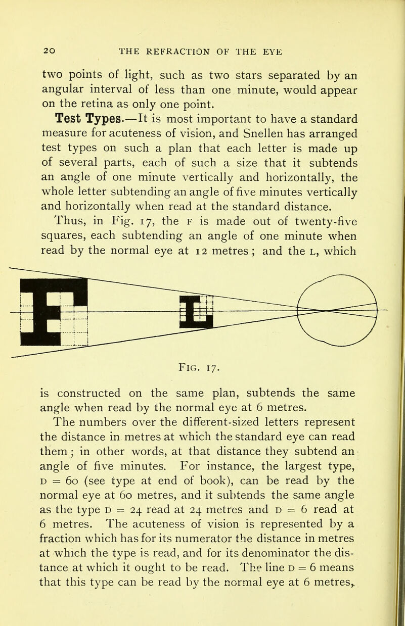 two points of light, such as two stars separated by an angular interval of less than one minute, would appear on the retina as only one point. Test Types.—It is most important to have a standard measure for acuteness of vision, and Snellen has arranged test types on such a plan that each letter is made up of several parts, each of such a size that it subtends an angle of one minute vertically and horizontally, the whole letter subtending an angle of five minutes vertically and horizontally when read at the standard distance. Thus, in Fig. 17, the f is made out of twenty-five squares, each subtending an angle of one minute when read by the normal eye at 12 metres ; and the l, which is constructed on the same plan, subtends the same angle when read by the normal eye at 6 metres. The numbers over the different-sized letters represent the distance in metres at which the standard eye can read them ; in other words, at that distance they subtend an angle of five minutes. For instance, the largest type, d = 60 (see type at end of book), can be read by the normal eye at 60 metres, and it subtends the same angle as the type d = 24 read at 24 metres and d = 6 read at 6 metres. The acuteness of vision is represented by a fraction which has for its numerator the distance in metres at which the type is read, and for its denominator the dis- tance at which it ought to be read. The line d = 6 means that this type can be read by the normal eye at 6 metres,. Fig. 17.