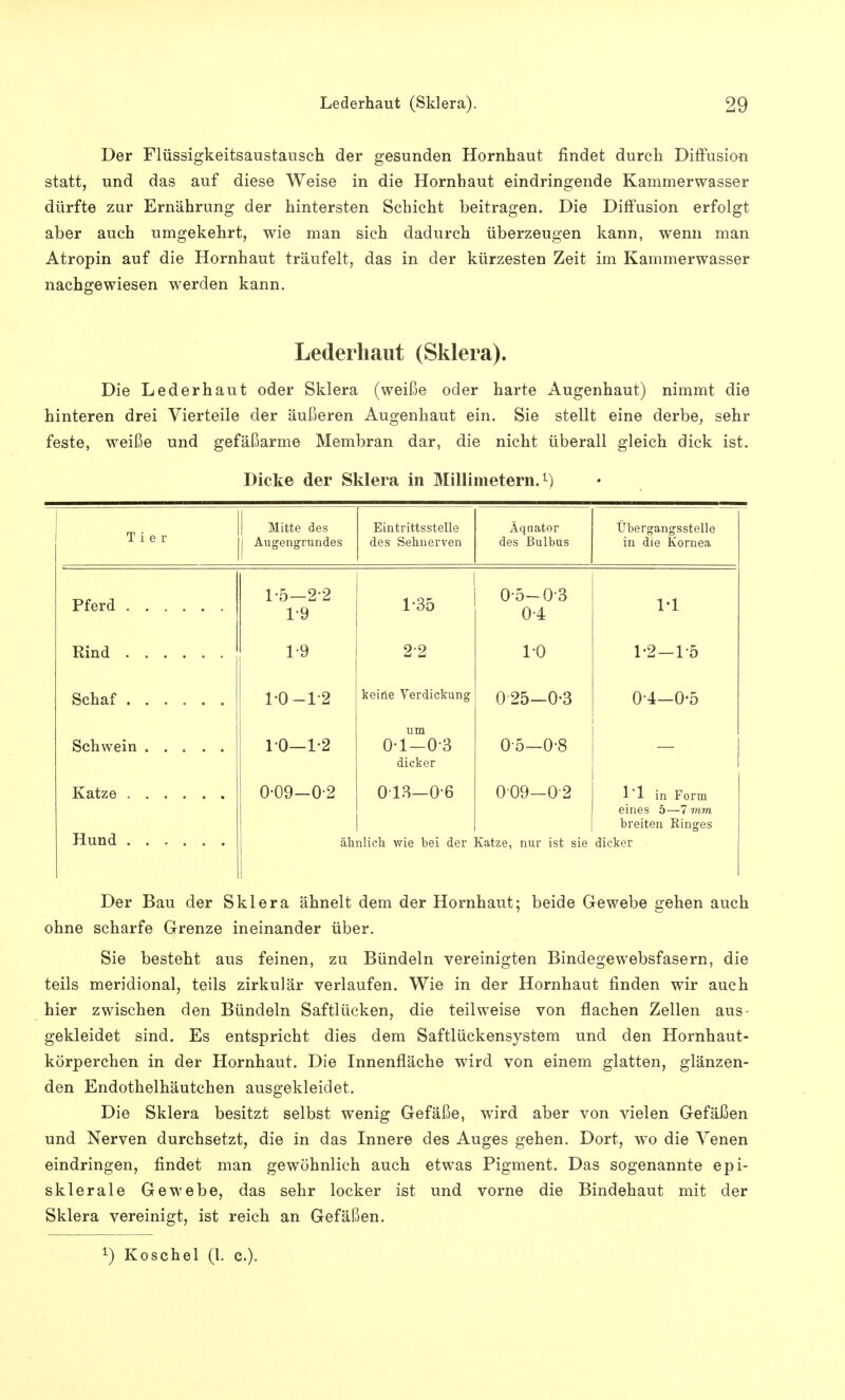 Der Flüssigkeitsaustausch der gesunden Hornhaut findet durch Diffusion statt, und das auf diese Weise in die Hornhaut eindringende Kammerwasser dürfte zur Ernährung der hintersten Schicht beitragen. Die Diffusion erfolgt aber auch umgekehrt, wie man sich dadurch überzeugen kann, wenn man Atropin auf die Hornhaut träufelt, das in der kürzesten Zeit im Kammerwasser nachgewiesen werden kann. Lederhaut (Sklera). Die Lederhaut oder Sklera (weiße oder harte Augenhaut) nimmt die hinteren drei Vierteile der äußeren Augenhaut ein. Sie stellt eine derbe, sehr feste, weiße und gefäßarme Membran dar, die nicht überall gleich dick ist. Dicke der Sklera in Millimetern.1) II Mitte des 1 1 e r || Augengrundes Eintrittsstelle des Sehnerven Äqnator des Bulbus Übergangsstelle in die Kornea Pferd Rind Schaf Hund 1-5-2-2 1-9 1-9 1-0-12 10-1-2 0-09-0-2 äh 1-35 22 keine Verdickung um 0-1-0-3 dicker 013-0-6 nlich wie bei der 0-5-0-3 0- 4 1- 0 025-0-3 0-5-0-8 009-02 Katze, nur ist sie l'l 1-2-1-5 0-4-0-5 - 1*1 in Form eines 5—7 mm breiten Ringes dicker Der Bau der Sklera ähnelt dem der Hornhaut; beide Gewebe gehen auch ohne scharfe Grenze ineinander über. Sie besteht aus feinen, zu Bündeln vereinigten Bindegewebsfasern, die teils meridional, teils zirkulär verlaufen. Wie in der Hornhaut finden wir auch hier zwischen den Bündeln Saftlücken, die teilweise von flachen Zellen aus- gekleidet sind. Es entspricht dies dem Saftlückensystem und den Hornhaut- körperchen in der Hornhaut. Die Innenfläche wird von einem glatten, glänzen- den Endothelhäutchen ausgekleidet. Die Sklera besitzt selbst wenig Gefäße, wird aber von vielen Gefäßen und Nerven durchsetzt, die in das Innere des Auges gehen. Dort, wo die Venen eindringen, findet man gewöhnlich auch etwas Pigment. Das sogenannte epi- sklerale Gewebe, das sehr locker ist und vorne die Bindehaut mit der Sklera vereinigt, ist reich an Gefäßen. *) Koschel (l. c).