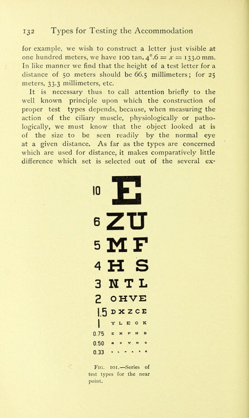 for example, we wish to construct a letter just visible at one hundred meters, we have 100 tan. 4°.6 = x — 133.0 mm. In like manner we find that the height of a test letter for a distance of 50 meters should be 66.5 millimeters; for 25 meters, 33.3 millimeters, etc. It is necessary thus to call attention briefly to the well known principle upon which the construction of proper test types depends, because, when measuring the action of the ciliary muscle, physiologically or patho- logically, we must know that the object looked at is of the size to be seen readily by the normal eye at a given distance. As far as the types are concerned which are used for distance, it makes comparatively little difference which set is selected out of the several ex- E 6 zu 5 MF 4 H S 3 N T L 2 OHVE |5 DXZCE 1 Y L E O K 0.75 E X F H B 0.50 * c y M 0 0.33 * Fig. ioi.—Series of test types for the near point.