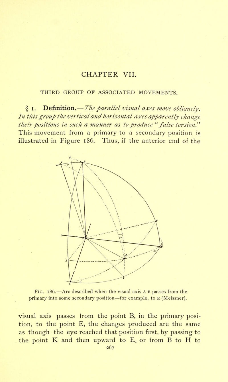 THIRD GROUP OF ASSOCIATED MOVEMENTS. § i. Definition.— The parallel visual axes move obliquely. In this group the vertical and horizontal axes apparently change their positions in such a manner as to produce false torsion'' This movement from a primary to a secondary position is illustrated in Figure 186. Thus, if the anterior end of the Fig. i86.—Arc described when the visual axis A b passes from the primary into some secondary position—for example, to E (Meissner). visual axis passes from the point B, in the primary posi- tion, to the point E, the changes produced are the same as though the eye reached that position first, by passing to the point K and then upward to E> or from B to H to