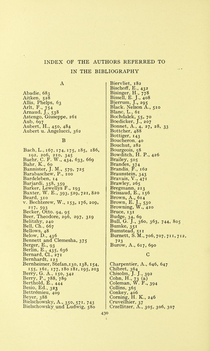 INDEX OF THE AUTHORS REFERRED TO IN THE BIBLIOGRAPHY A Abadie, 683 Aitken, 528 Allis, Phelps, 63 Arlt, F., 754 Arnaud, J., 538 Astengo, Giuseppe, 261 Aub, 697 Aubert, H., 450, 484 Aubert u. Angelucci, 362 B Bach, L., 167, 174, 175. i85» i86» 192, 206, 210, 345 Baehr, C. F. W., 434, 633, 669 Bahr, K., 60 Bannister, J. M., 579, 725 Barabaschew, P., 100 Bardeleben, 14 Barjardi, 358, 359 Barker, Lewellys F., 193 Baxter, W. E., 393, 529, 721, 820 Beard, 310 v. Bechterew, W., 153, 176, 209, 217, 593 Becker, Otto, 94, 95 Beer, Theodore, 296, 297, 319 Belitzhy, 240 Bell, Ch., 667 Bellows, 48 Below, D., 436 Bennett and Clemesha, 375 Berger, E., 93 Berlin, E., 435, 636 Bernard, CI., 271 Bernhardt, 123 Bernheimer, Stefan,130,138,154, 155, 161, 177,180181,195,203 Berry, G. A., 150, 342 Berry, P., 788, 789 Berthold, E., 444 Besio, Ed., 323 Bettremieu, 409 Beyer, 388 Bielschowsky, A., 350, 571, 743 Bielschowsky und Ludwig, 580 Biervliet, 182 Bischoff, E., 432 Bisinger, H., 778 Bissell, E. J., 408 Bjerrum, J., 295 Black. Nelson A., 510 Blanc, L., 61 Bochdalek, 55, 70 Boedicker, J., 207 Bonnet, A., 4, 27, 28, 33 Bottcher, 488 Bottiger, 143 Boucheron, 40 Bouchut, 282 Bourgeois, 58 Bowditch, H. P., 426 Brailey, 505 Brandes, 374 Brandis, F., 162 Braunstein, 343 Bravais, V., 471 Brawley, 265 Bregmann, 213 Brissaud, E., 156 Brown, A., 614 Brown, E. J., 530 Browning, W., 420 Bruce, 131 Budge, 34, 69 Bull, G. J., 360, 363, 744, 805 Bumke, 351 Bumstead, 511 Burnett, S. M., 706, 707, 711, 712, 723 Burow, A., 617, 690 C Charpentier, A., 646, 647 Chibret, 364 Chisolm, J. J., 392 Cohn, H., 73 (a) Coleman, W. F., 394 Collins, 365 Conkey, 406 Corning, H. K., 246 Cruveilhier, 37 Crzellitzer, A., 305, 306, 307