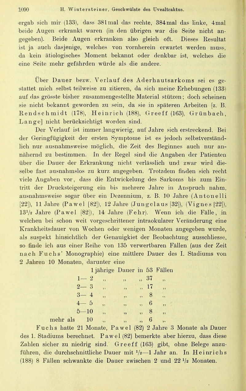 ergab sich mir (133), dass 381 mal das rechte, 384mal das linke, 4mal beide Augen erkrankt waren (in den übrigen war die Seite nicht an- gegeben). Beide Augen erkranken also gleich oft. Dieses Resultat ist ja auch dasjenige, welches von vornherein erwartet werden muss, da kein ätiologisches Moment bekannt oder denkbar ist, welches die eine Seite mehr gefährden würde als die andere. Über Dauer bezw. Verlauf des Aderhautsarkoms sei es ge- stattet mich selbst teilweise zu zitieren, da sich meine Erhebungen (133) auf das grösste bisher zusammengestellte Material stützen; doch scheinen sie nicht bekannt geworden zu sein, da sie in späteren Arbeiten [z. B. Rendschmidt (178), Heinrich (188), Greeff (163), Grünbach, Lange] nicht berücksichtigt worden sind. Der Verlauf ist immer langwierig, auf Jahre sich erstreckend. Bei der Geringfügigkeit der ersten Symptome ist es jedoch selbstverständ- lich nur ausnahmsweise möglich, die Zeit des Beginnes auch nur an- nähernd zu bestimmen. In der Regel sind die Angaben der Patienten über die Dauer der Erkrankung nicht verlässlich und zwar wird die- selbe fast ausnahmslos zu kurz angegeben. Trotzdem finden sich recht viele Angaben vor, dass die Entwicklung des Sarkoms bis zum Ein- tritt der Drucksteigerung ein bis mehrere Jahre in Anspruch nahm, ausnahmsweise sogar über ein Dezennium, z. B. 10 Jahre (Antonelli [22]), 11 Jahre (Pawel [82]), 12 Jahre (Jungclaus [32]), (Vignes [22]), 131/» Jahre (Pawel [82]), 14 Jahre (Fehr). Wenn ich die Fälle, in welchen bei schon weit vorgeschrittener intraokularer Veränderung eine Krankheitsdauer von Wochen oder wenigen Monaten angegeben wurde, als suspekt hinsichtlich der Genauigkiet der Beobachtung ausschliesse, so finde ich aus einer Reihe von 135 verwertbaren Fällen (aus der Zeit nach Fuchs' Monographie) eine mittlere Dauer des I. Stadiums von 2 Jahren 10 Monaten, darunter eine Fuchs hatte 21 Monate, Pawel (82) 2 Jahre 3 Monate als Dauer des 1. Stadiums berechnet. Pawel (82) bemerkte aber hierzu, dass diese Zahlen sicher zu niedrig sind. Greeff (163) gibt, ohne Belege anzu- führen, die durchschnittliche Dauer mit Va—1 Jahr an. In Heinrichs (188) 8 Fällen schwankte die Dauer zwischen 2 und 22 th Monaten. mehr als 1— 2— 3— 4— 5—: ljährige Dauer in 53 ■ 2 ,, ,, ,, 37 '3 ,, !> ' J! 1^ 4 „ „ „8 5 ,, ,, ,,6 10 ,, „ ,, 8 10 „ „ „ 6 Fällen )5