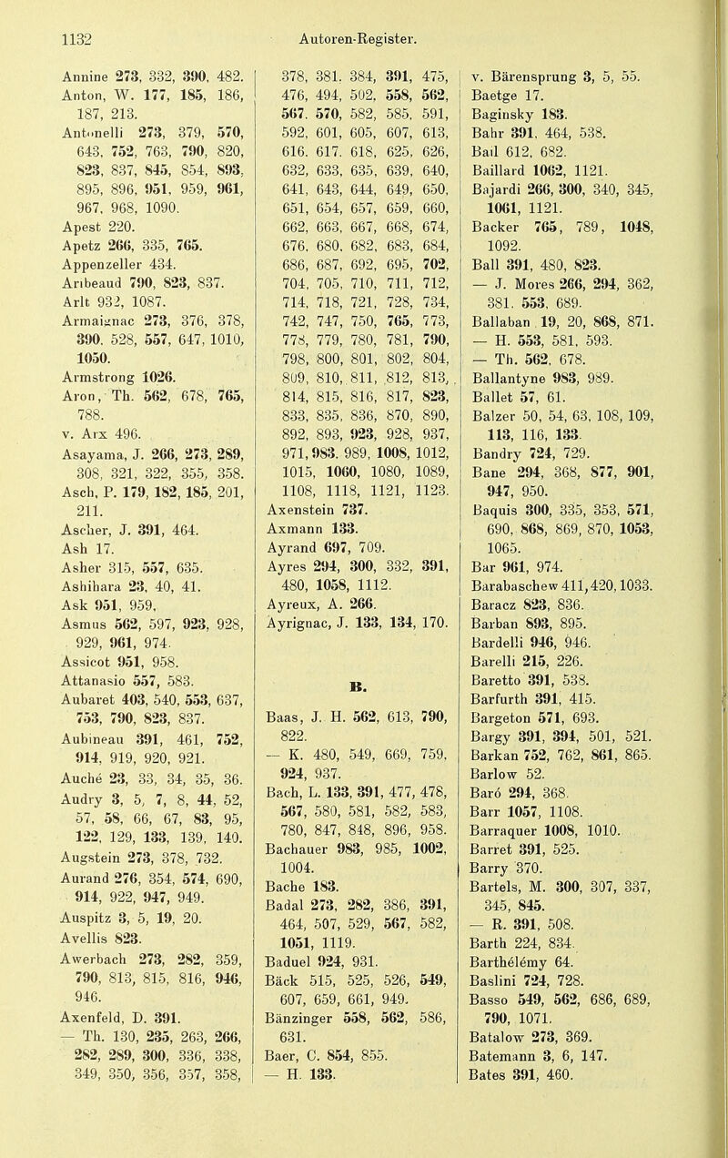 Annine 273, 332, 390, 482. Anton, W. 177, 185, 186, 187, 213. Antunelli 273, 379, 570, 643, 752, 763, 790, 820, 823, 837, 845, 854, 893,. 895, 896, 951, 959, 961, 967, 968, 1090. Apest 220. Apetz 266, 335, 765. Appenzeller 434. Anbeaud 790, 823, 837. Arlt 932, 1087. Armaijjnac 273, 376, 378, 390. 528, 557, 647, 1010, 1050. Armstrong 1026. Aron, Th. 562, 678, 765, 788. v. Arx 496. Asayama, J. 266, 273, 289, 308, 321, 322, 355, 358. Asch, P. 179, 182,185, 201, 211. Ascher, J. 391, 464. Ash 17. Asher 315, 557, 635. Ashihara 23, 40, 41. Ask 951, 959, Asmus 562, 597, 923, 928, . 929, 961, 974. Assicot 951, 958. Attanasio 557, 583. Aubaret 403, 540, 553, 637, 753, 790, 823, 837. Aubineau 391, 461, 752, 914, 919, 920, 921. Auche 23, 33, 34, 35, 36. Audry 3, 5, 7, 8, 44, 52, 57, 58, 66, 67, 83, 95, 122, 129, 133, 139, 140. Augstein 273, 378, 732. Aurand 276, 354, 574, 690, 914, 922, 947, 949. Auspitz 3, 5, 19, 20. Avellis 823. Awerbach 273, 282, 359, 790, 813, 815, 816, 946, 946. Axenfeld, D. 391. - Th. 130, 235, 263, 266, 282, 289, 300, 336, 338, 349, 350, 356, 357, 358, Onn 378, OO 1 OO A 381. 384, öWl, a n er 475, A HC 4/D, A(\A CTAO 494, oUz, o58, oo2, ob/. 5<U, Obs, crocr er ai 591, Srdi, £*A1 £ACr bül, bOo, ci\h 607, blo, CIO. 617. blb, coer büo, b^b, bo^, böö, boo, 639, C A A b4U, CAt 641, 643, 644, 649, c er A 6o0, d er 1 651, 654, 657, CCf\ bbO, 662, /»/in oP H bbö, bot, 668, c H A b74, 676. 680, 682, C'OO DÖO, COA b84, 686, bot, b\)2, 695, 7Ua, hc\a /04, <if\K ni a /U5, /1U, Iii, •71 O 714, 718, 721, noo IZO, HO A n A o 742, HAH n er A 747, 750, H£*Z. H HO 116, 778, 779, 780, /öl, C70A 79U, 798, OAA OA1 800, 801, b02, CA \ oU4, 809, 810,. 811, C) 1 o ,ölü, Ol O 813, 814, 815, 816, 817, 823, 833, 835, 836, 870, 890, 892, 893, 923, 928, 937, 971,983. 989, 1008, 1012, 1015, 1060, 1080, 1089, 1108, 1118, 1121, 1123. Axenstein 737. Axmann 133. Ayrand 697, 709. Ayres 294, 300, 332, 391, 480, 1058, 1112. Ayreux, A. 266. Ayrignac, J. 133, 134, 170. B. Baas, J. H. 562, 613, 790, 822. — K. 480, 549, 669, 759, 924, 937. Bach, L. 133, 391, 477, 478, 567, 580, 581, 582, 583, 780, 847, 848, 896, 958. Bachauer 983, 985, 1002, 1004. Bache 183. Badal 273, 282, 386, 391, 464, 507, 529, 567, 582, 1051, 1119. Baduel 924, 931. Bäck 515, 525, 526, 549, 607, 659, 661, 949. Bänzinger 558, 562, 586, 631. Baer, C. 854, 855. — H 133. v. Bärensprung 3, 5, 55. Baetge 17. Baginsky 183. Bahr 391, 464, 538. Bail 612, 682. Baillard 1062, 1121. Bajardi 266, 300, 340, 345, 1061, 1121. Backer 765, 789, 1048, 1092. Ball 391, 480, 823. — J. Mores 266, 294, 362, 381. 553, 689. Ballaban . 19, 20, 868, 871. — H. 553, 581, 593. — Th. 562, 678. Ballantyne 9S3, 989. Ballet 57, 61. Balzer 50, 54, 63, 108, 109, 113, 116, 133. Bandry 724, 729. Bane 294, 368, 877, 901, 947, 950. Baquis 300, 335, 353, 571, 690, 868, 869, 870, 1053, 1065. Bar 961, 974. Barabaschew 411,420,1033. Baracz 823, 836. Barban 893, 895. Bardelli 946, 946. Barelli 215, 226. Baretto 391, 538. Barfurth 391, 415. Bargeton 571, 693. Bargy 391, 394, 501, 521. Barkan 752, 762, 861, 865. Barlow 52. Barö 294, 368. Barr 1057, 1108. Barraquer 1008, 1010. Barret 391, 525. Barry 370. Bartels, M. 300, 307, 337, 345, 845. — R. 391, 508. Barth 224, 834. Barthelemy 64. Baslini 724, 728. Basso 549, 562, 686, 689, 790, 1071. Batalow 273, 369. Batemann 3, 6, 147. Bates 391, 460.