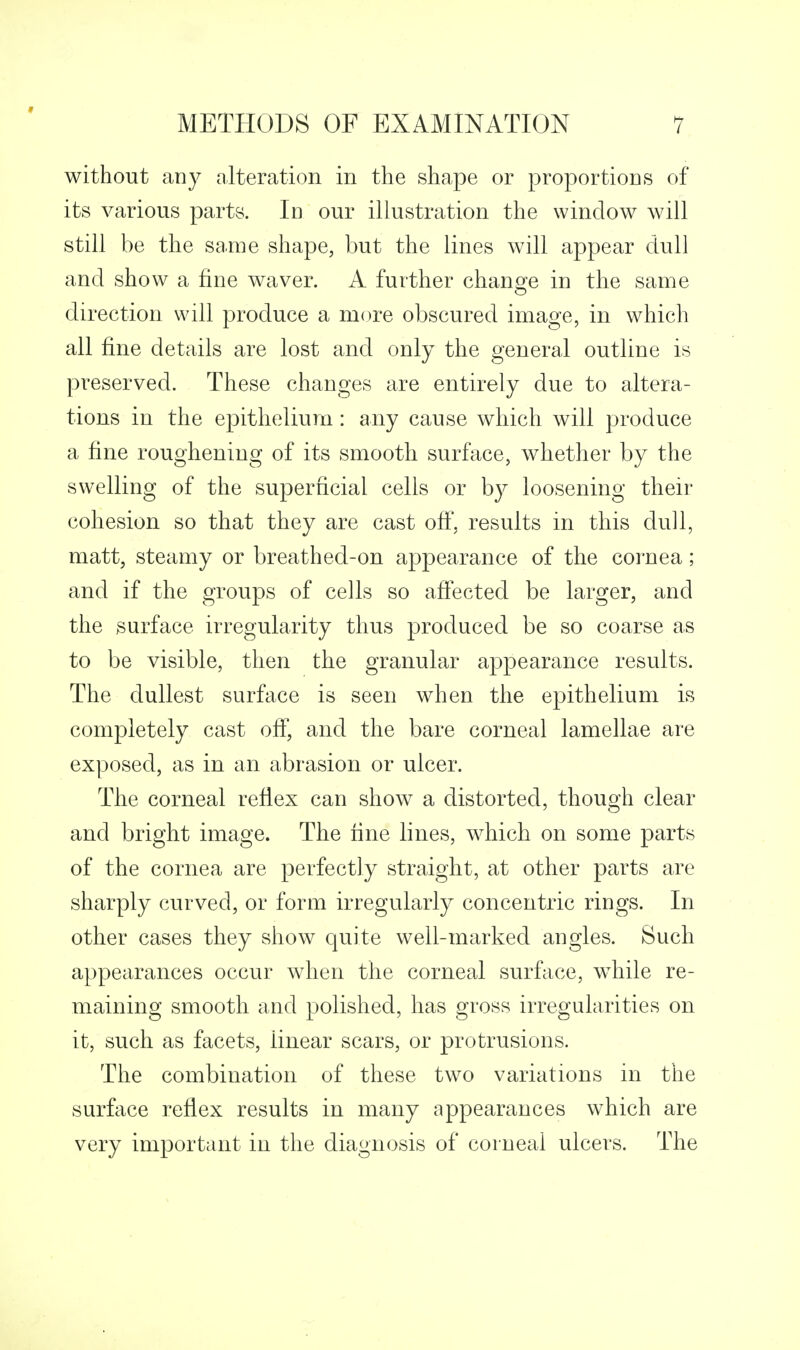 without any alteration in the shape or proportions of its various parts. In our illustration the window will still be the sa.me shape, but the lines will appear dull and show a fine waver. A further chano^e in the same direction will produce a more obscured image, in which all fine details are lost and only the general outline is preserved. These changes are entirely due to altera- tions in the epithelium : any cause which will produce a fine roughening of its smooth surface, whether by the swelling of the superficial cells or by loosening their cohesion so that they are cast of£, results in this dull, matt, steamy or breathed-on appearance of the cornea; and if the groups of cells so aff*ected be larger, and the surface irregularity thus produced be so coarse as to be visible, then the granular appearance results. The dullest surface is seen when the epithelium is completely cast ofi, and the bare corneal lamellae are exposed, as in an abrasion or ulcer. The corneal reflex can show a distorted, though clear and bright image. The tine lines, which on some parts of the cornea are perfectly straight, at other parts are sharply curved, or form irregularly concentric rings. In other cases they show quite well-marked angles. Such appearances occur when the corneal surface, while re- maining smooth and polished, has gross irregularities on it, such as facets, linear scars, or protrusions. The combination of these two variations in the surface reflex results in many appearances which are very important in the diagnosis of corneal ulcers. The