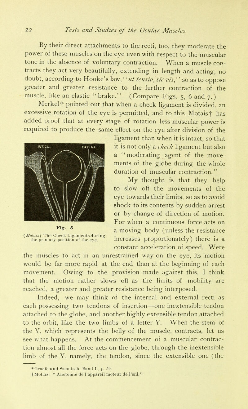 By their direct attachments to the recti, too, they moderate the power of these muscles on the eye even with respect to the muscular tone in the absence of voluntary contraction. When a muscle con- tracts they act very beautifully, extending in length and acting, no doubt, according to Hooke's law,'' ut tensio,sic vis, so as to oppose greater and greater resistance to the further contraction of the muscle, like an elastic ''brake. (Compare Figs. 5, 6 and 7.) Merkel* pointed out that when a check ligament is divided, an excessive rotation of the eye is permitted, and to this Motaisf has added proof that at every stage of rotation less muscular power is required to produce the same effect on the eye after division of the ligament than when it is intact, so that it is not only a check ligament but also a moderating agent of the move- ments of the globe during the whole duration of muscular contraction. My thought is that they help to slow off the movements of the eye towards their limits, so as to avoid shock to its contents by sudden arrest or by change of direction of motion. For when a continuous force acts on a moving body (unless the resistance (Mofais) The Check Ligaments (luring • . i \ i • the primary position of the eye. mcrcases proportionately) there IS a constant acceleration of speed. Were the muscles to act in an unrestrained way on the eye, its motion would be far more rapid at the end than at the beginning of each movement. Owing to the provision made against this, I think that the motion rather slows off as the limits of mobility are reached, a greater and greater resistance being interposed. Indeed, we may think of the internal and external recti as each possessing two tendons of insertion—one inextensible tendon attached to the globe, and another highly extensible tendon attached to the orbit, like the two limbs of a letter Y. When the stem of the Y, which represents the belly of the muscle, contracts, let us see what happens. At the commencement of a muscular contrac- tion almost all the force acts on the globe, through the inextensible limb of the Y, namely, the tendon, since the extensible one (the *Graefe iind Saemisch, Band I., p. 59. fMotais :  Anotoniie de I'appareil moteur de I'ceil.